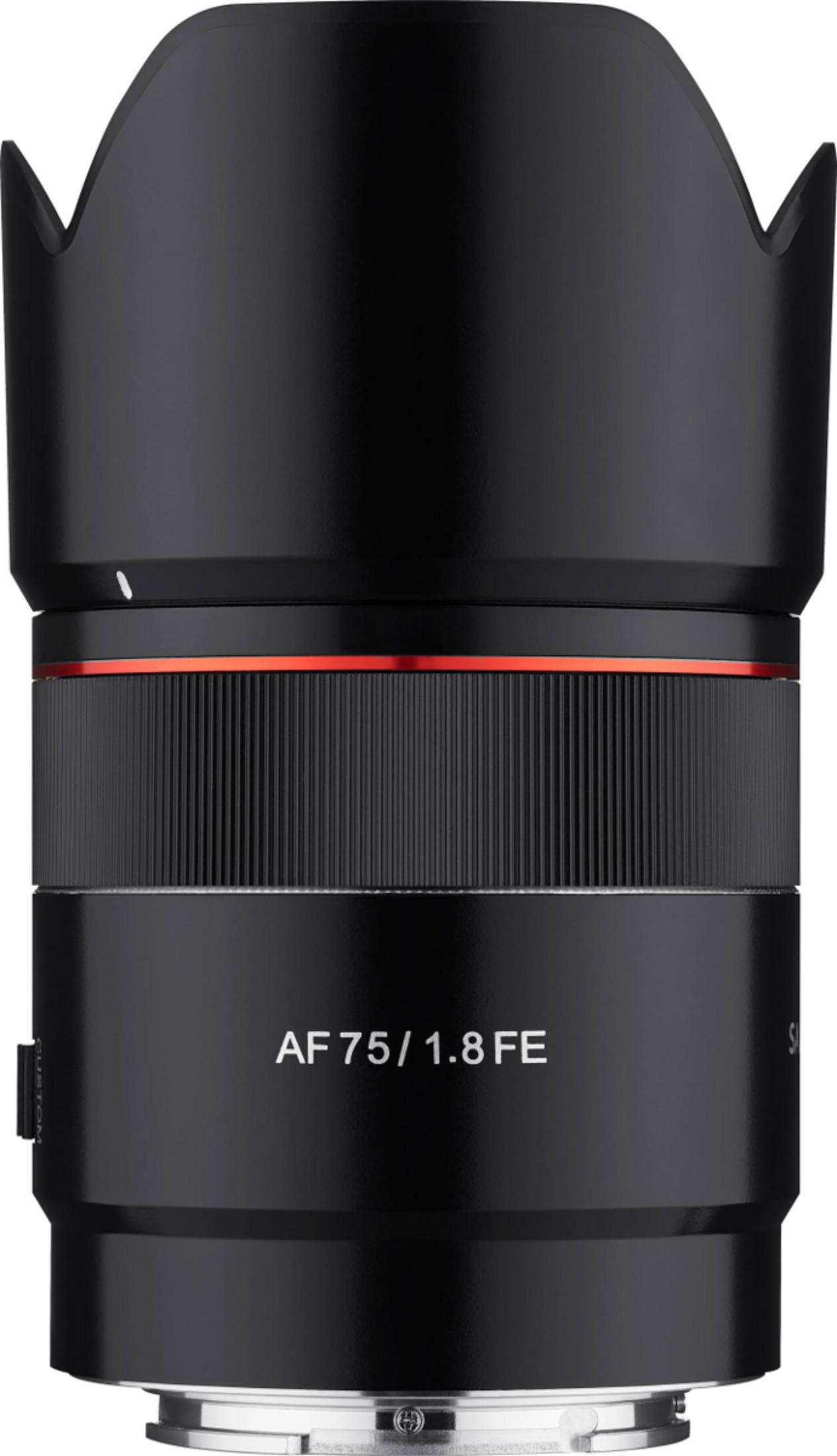 Schwarzes Kameraobjektiv mit rotem Akzentring und AF 75/1.8 FE Markierung.