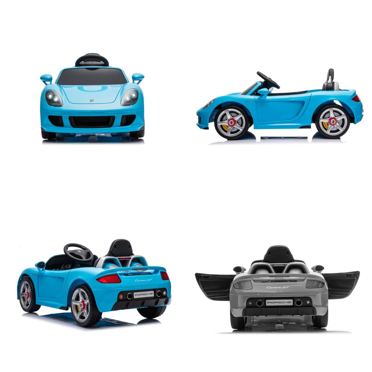 Ein blauer und ein grauer Spielzeug-Porsche mit offenen Türen auf weißem Hintergrund.