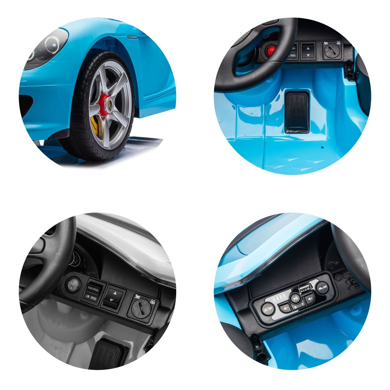 Detailansichten eines blauen Spielzeugautos: Rad, Armaturenbrett, Steuerung und Medienkonsole.