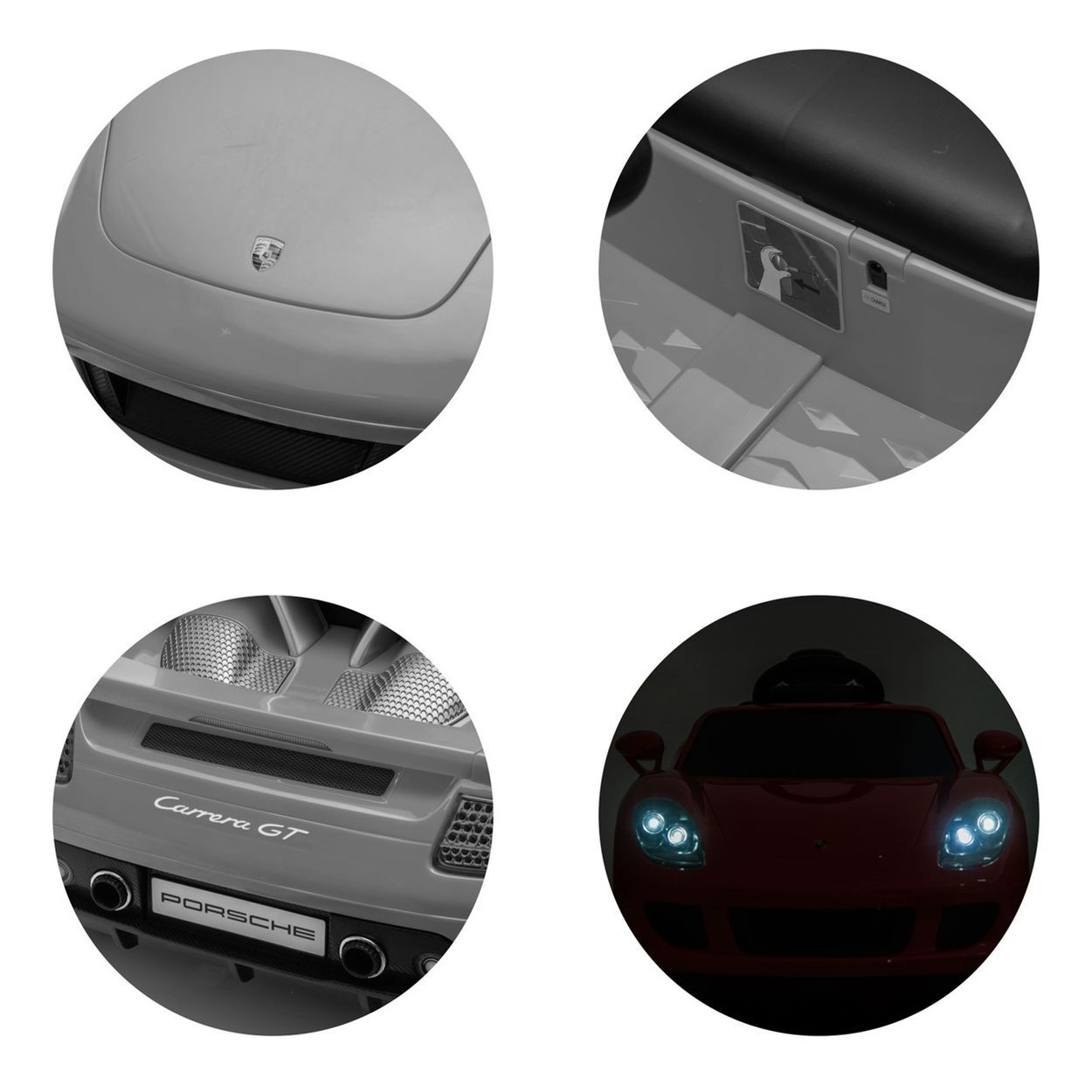 Collage eines Spielzeug-Porsches: vorne, innen, hinten und Scheinwerfer.