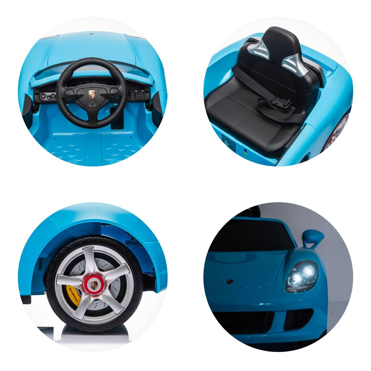 Ein blaues Spielzeugauto mit Lenkrad, Sitz, Rad und Scheinwerfern.