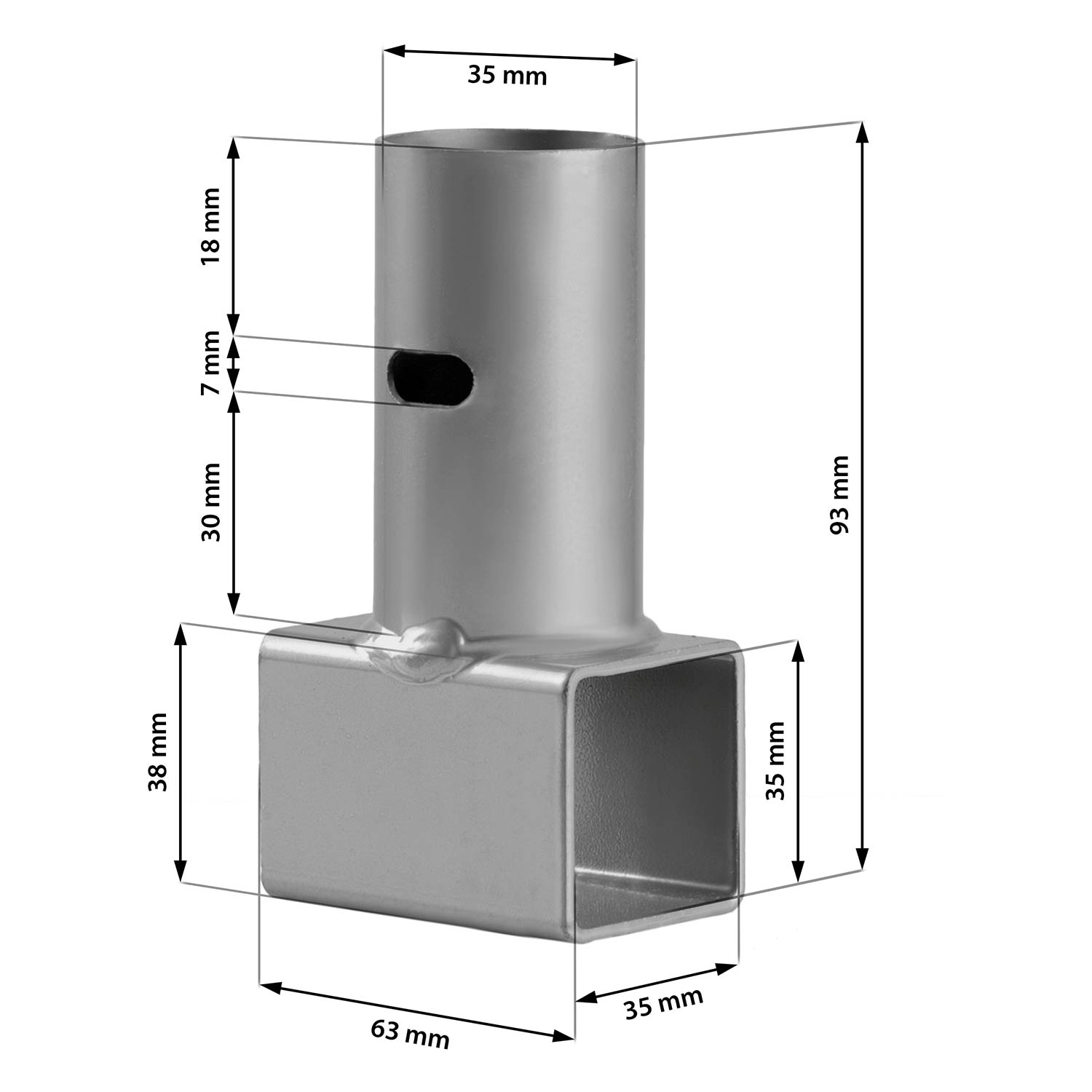 Metalowy element z wymiarami: 35mm x 93mm, podstawa prostokątna 63mm x 35mm x 38mm.