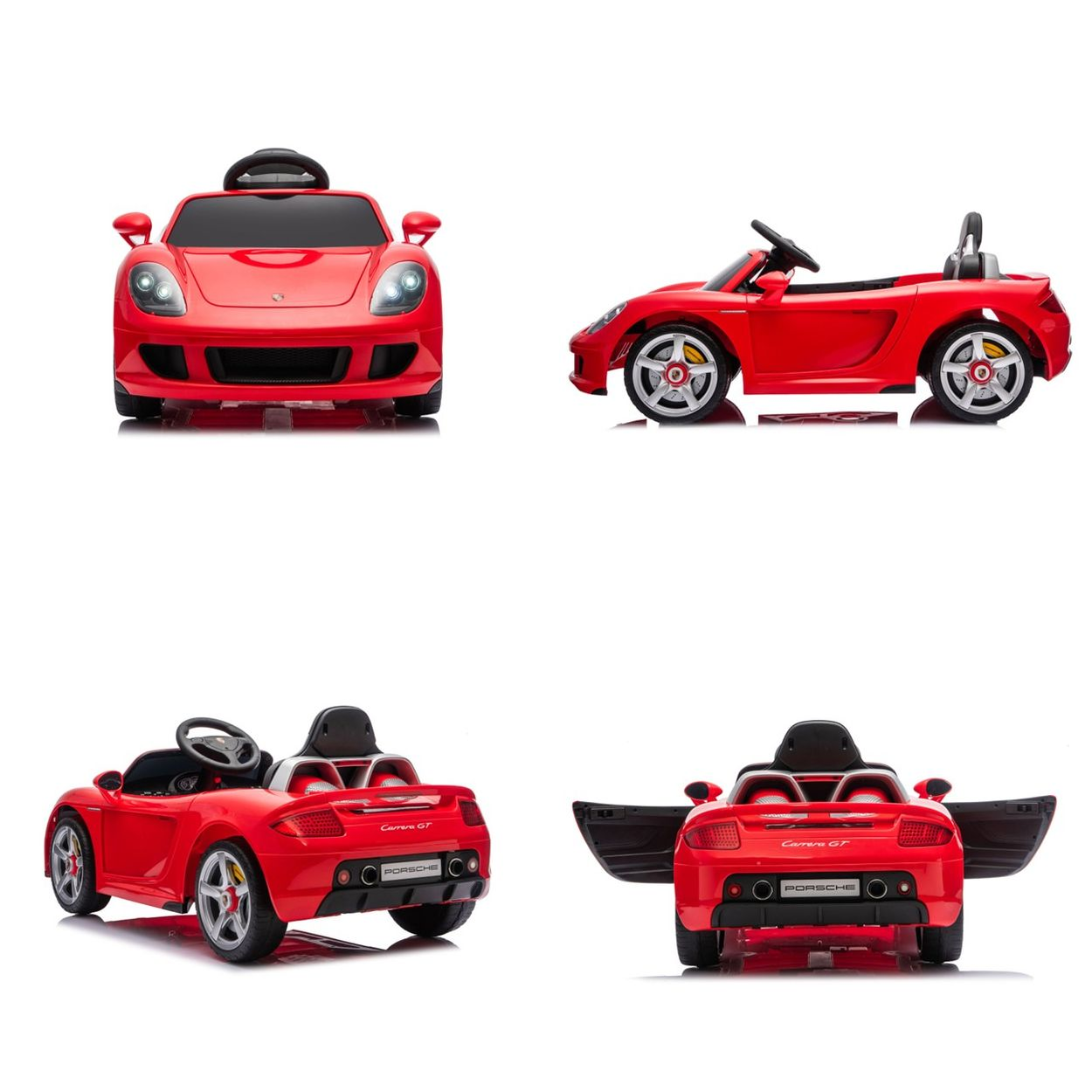 Roter Spielzeug-Porsche mit offenen Türen und detaillierten Rädern und Lichtern.