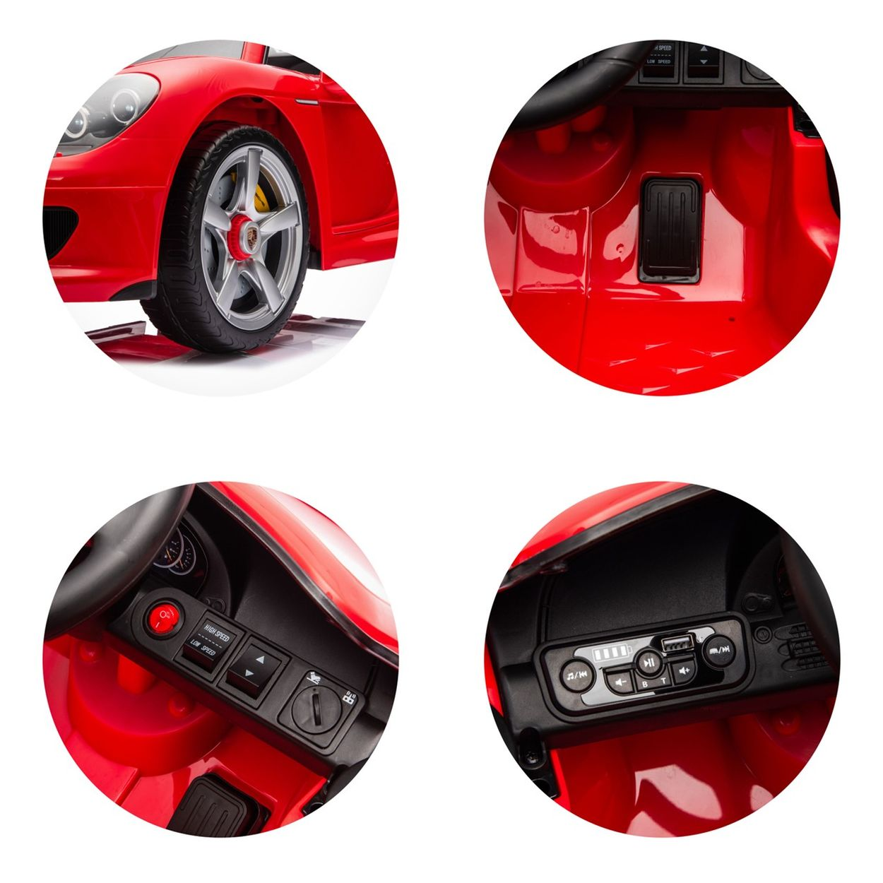 Rotes Elektroauto-Detailansicht: Rad, Armaturenbrett, Bedienelemente.