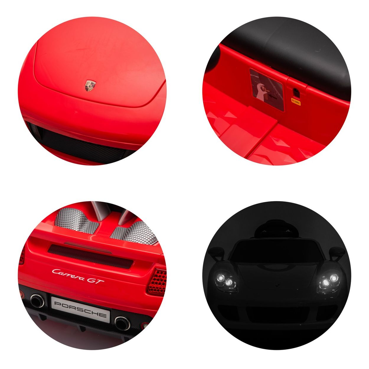 Collage roter Porsche Carrera GT Spielzeugauto-Details: vorne, innen, hinten und Scheinwerfer.
