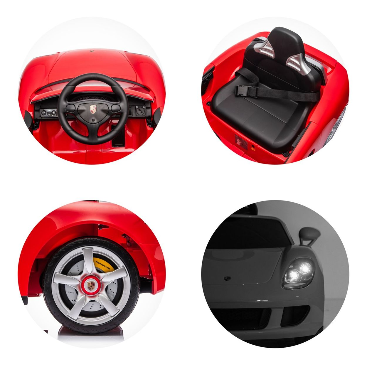 Collage eines roten Spielzeugautos: Lenkrad, Sitz, Rad und Scheinwerfer.
