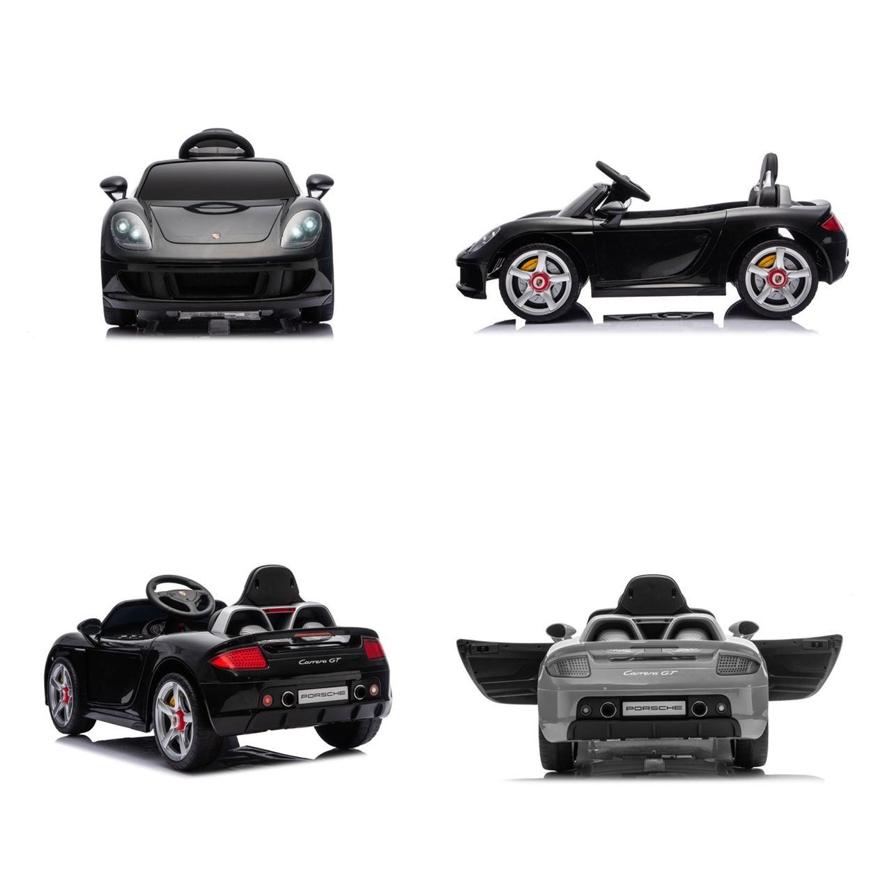 Vier Ansichten eines schwarzen und eines grauen Spielzeugautos im Porsche-Stil.