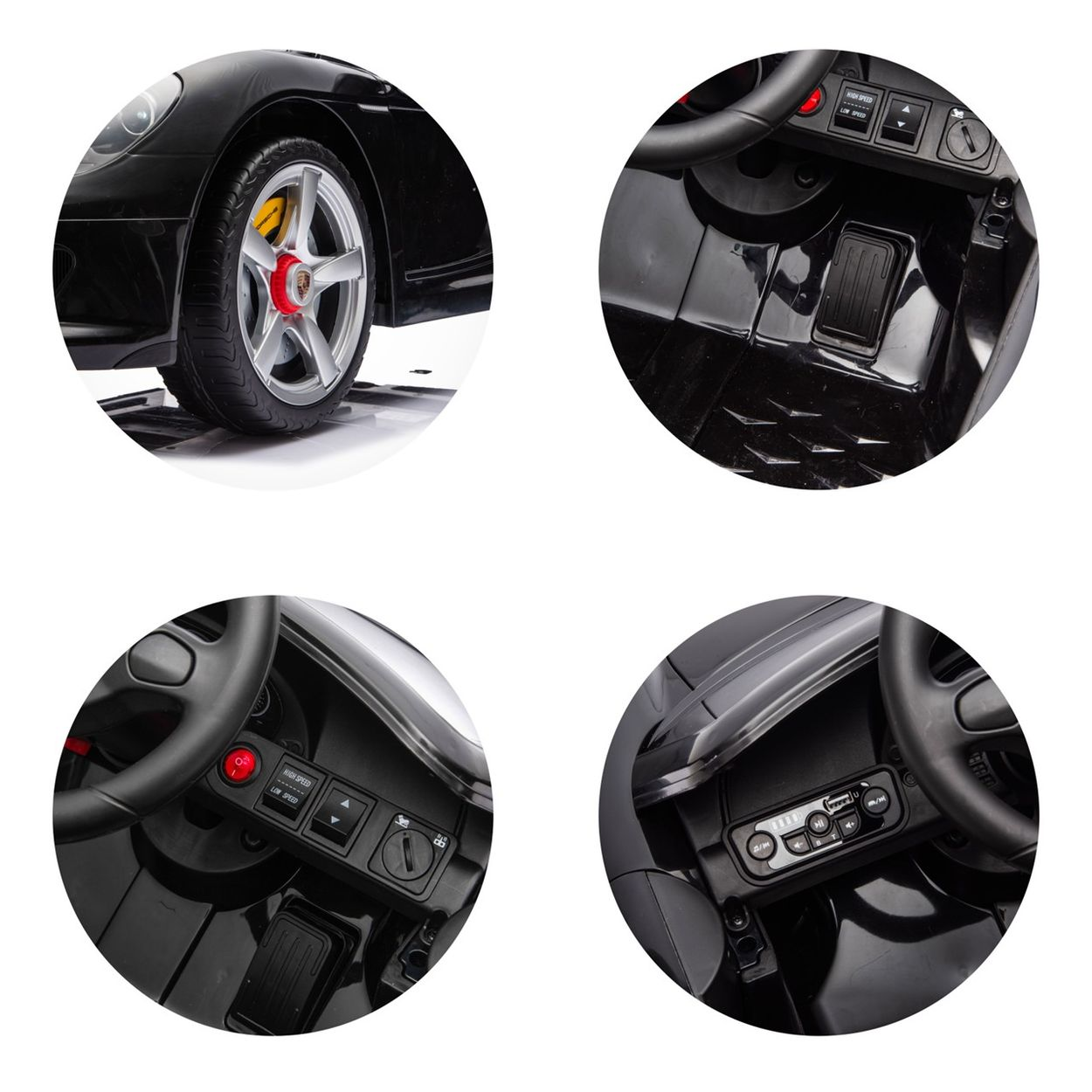 Ein schwarzes Spielzeugauto mit Raddetails, Armaturenbrett, Lenkrad und Bedienelementen.