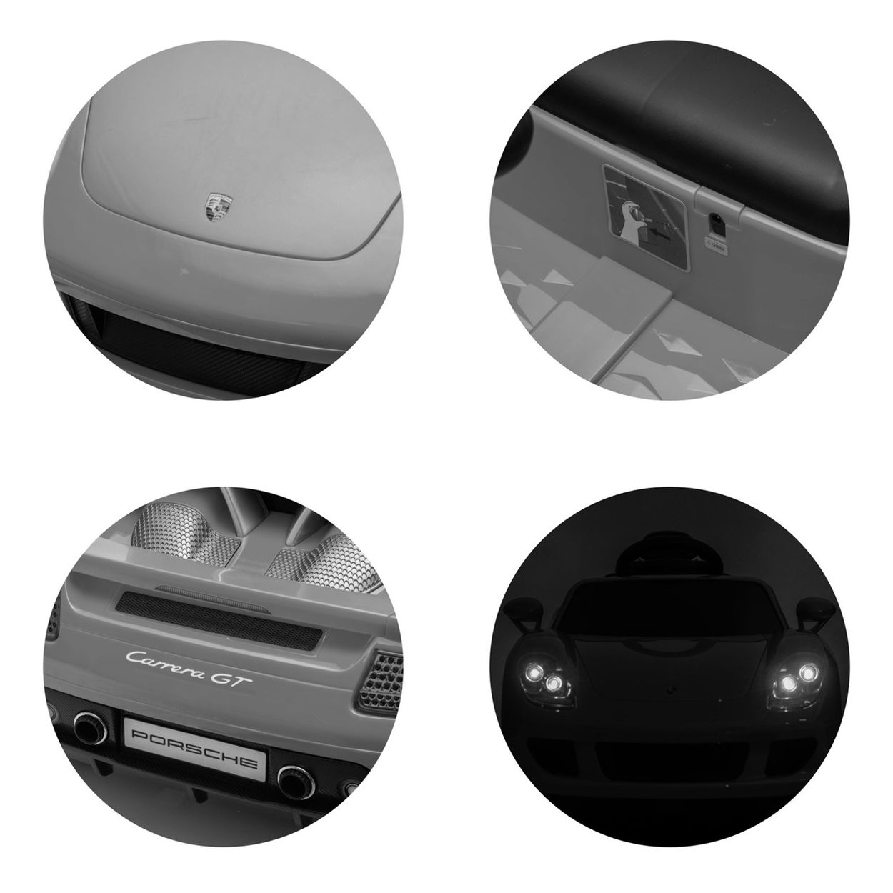 Vier Kreise zeigen Details eines Spielzeug-Porsche: Front, Ladeanschluss, Heck und Scheinwerfer.