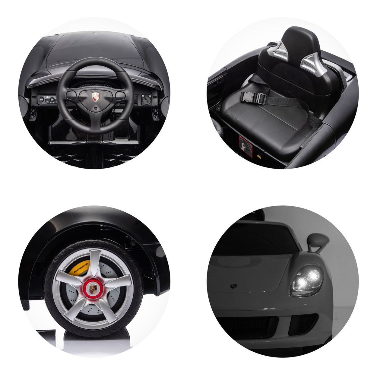 Details eines schwarzen Spielzeugautos: Lenkrad, Sitz, Rad und Scheinwerfer.