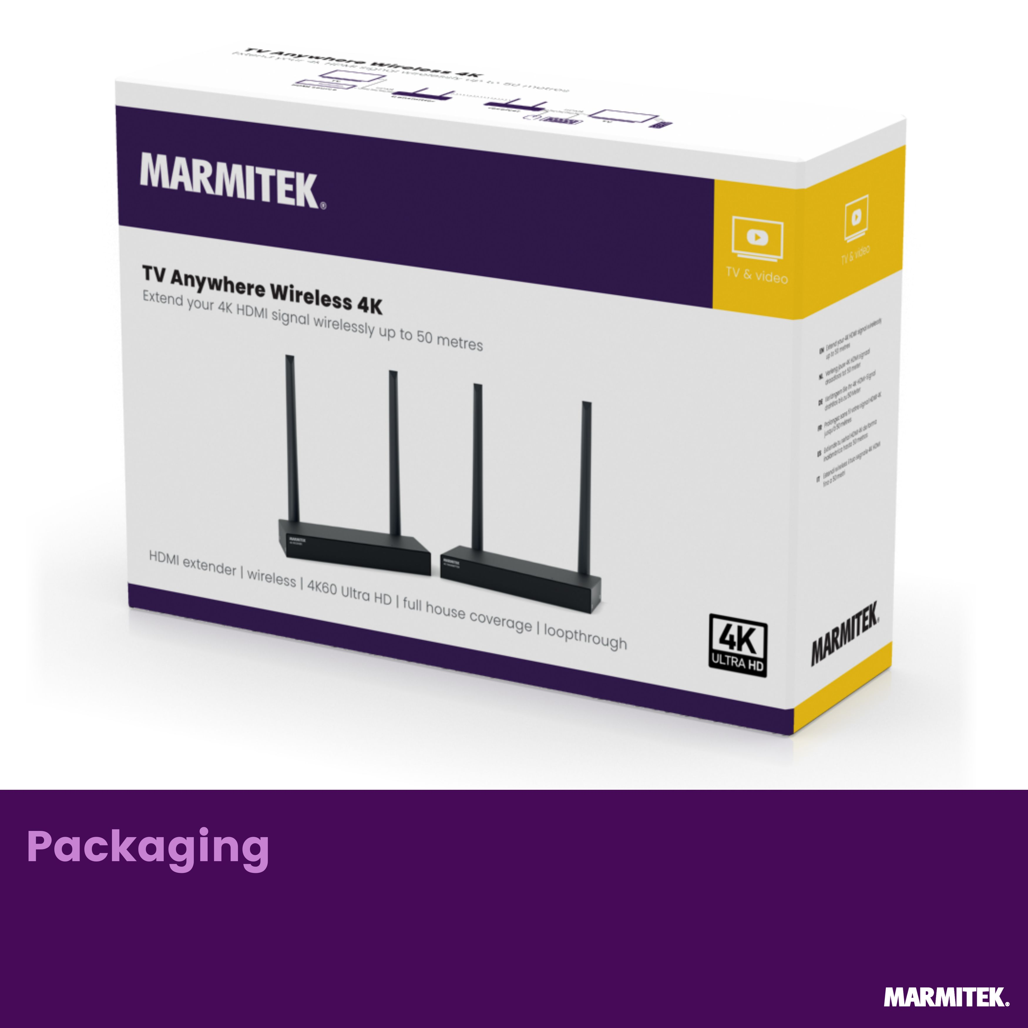 Marmitek TV Anywhere Wireless 4K HDMI Extender box with two devices.