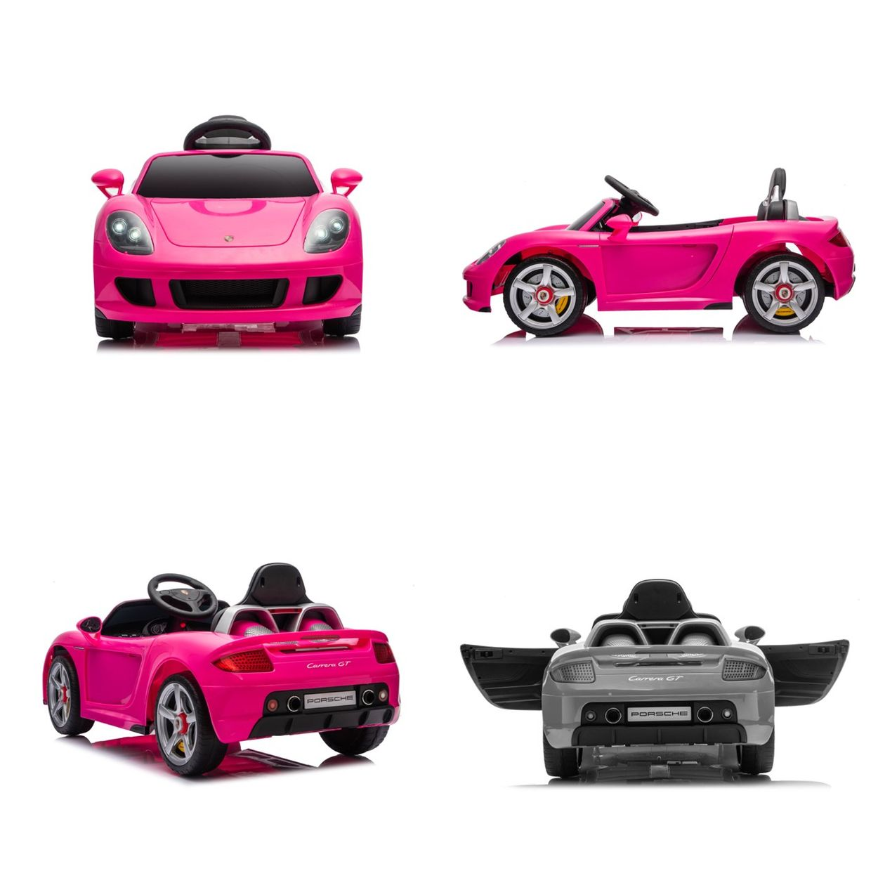 Vier Ansichten eines rosa Spielzeug-Porsche, offen und geschlossen.