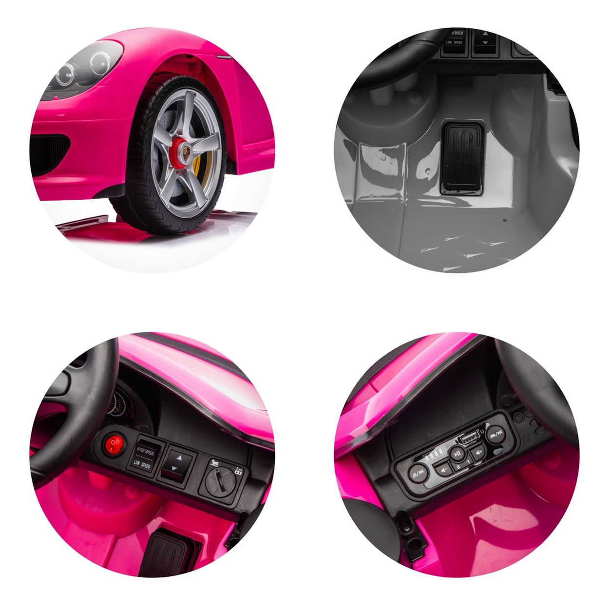 Ein pinkes Spielzeugauto mit Rad, Pedalen, Lenkrad und Bedienfeld.