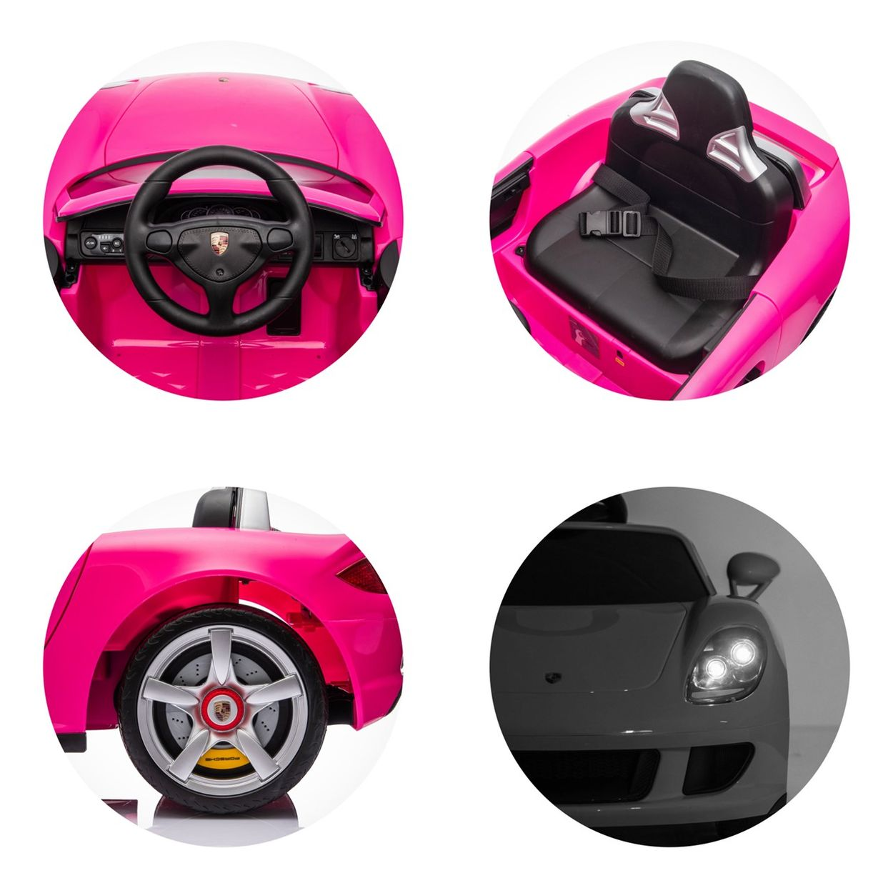 Ein pinkes Spielzeugauto mit Lenkrad, Sitz, Rad und Scheinwerfern.