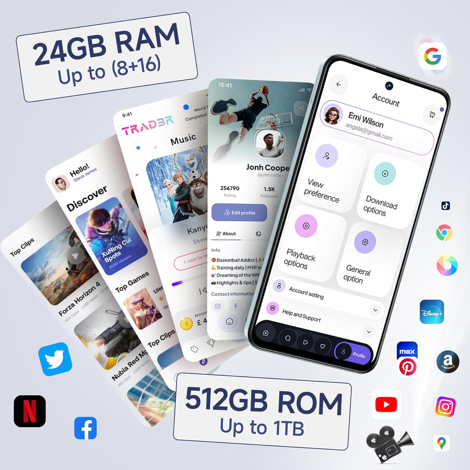 Schermo smartphone con app e specifiche come 24 GB di RAM e 512 GB di ROM.