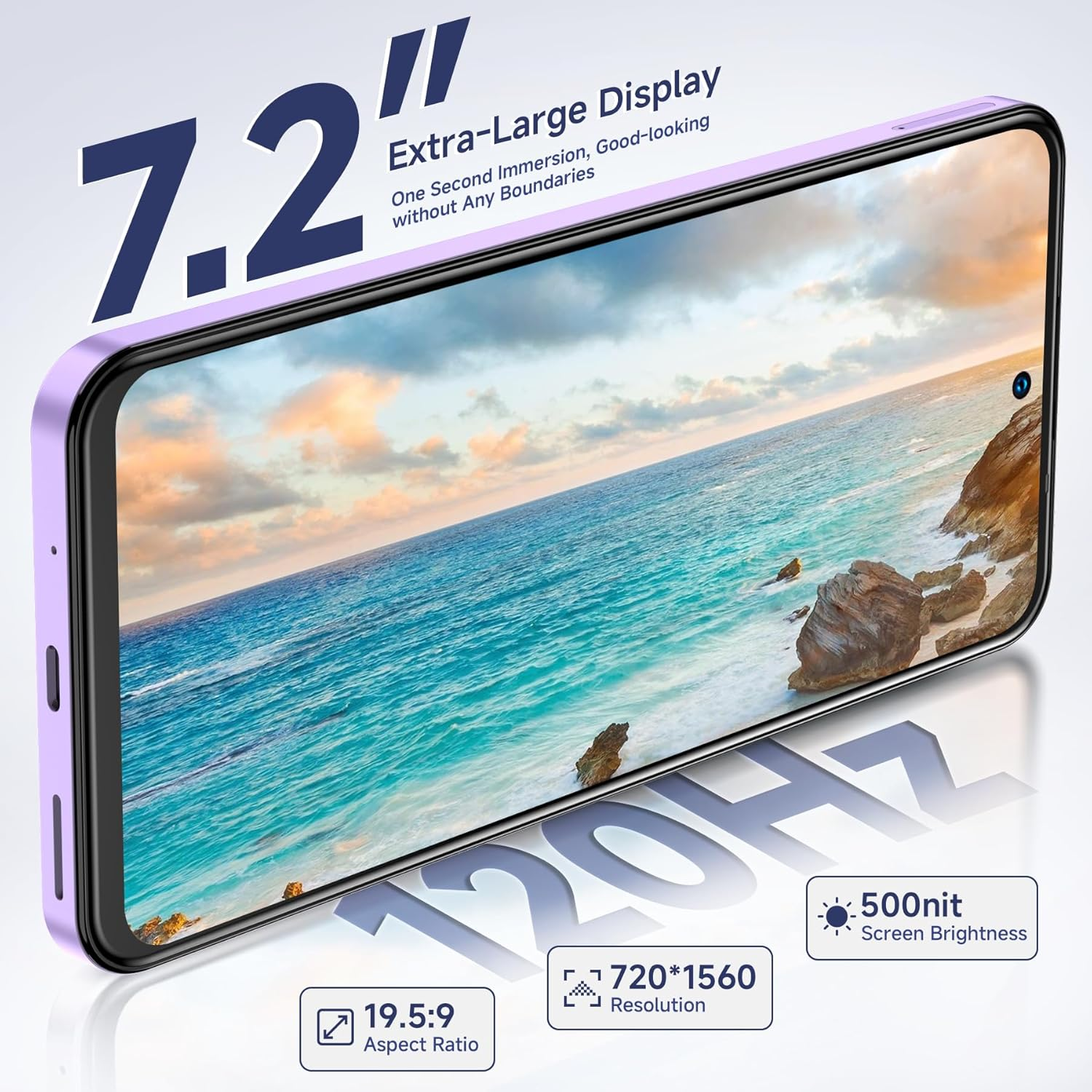 Telefono viola con display da 7,2 pollici, vista mare, 19,5:9, 720x1560, 500 nits.