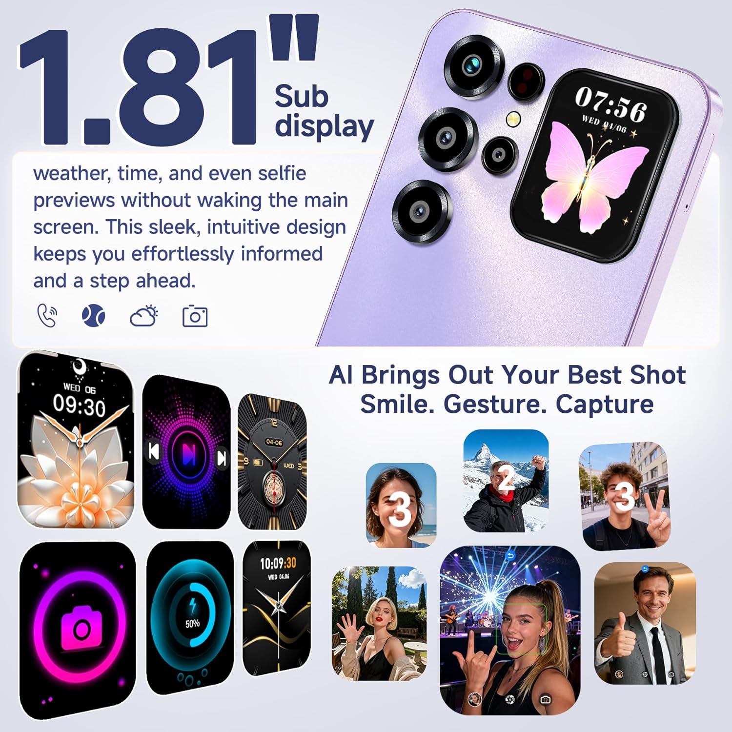 Uno smartphone viola con più fotocamere e un piccolo schermo che mostra una grafica a farfalla.