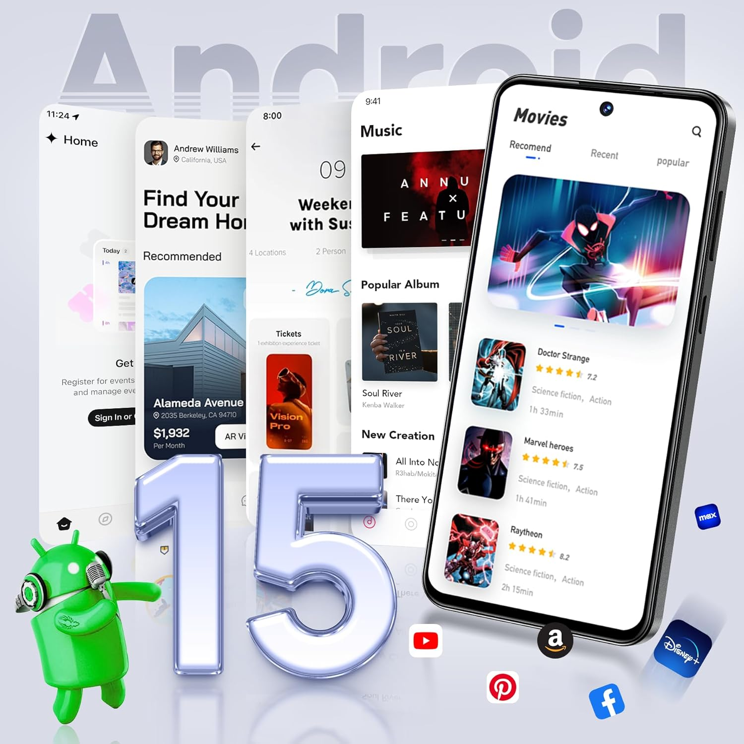 Logo Android con robot verde, schermate app e numero 15.