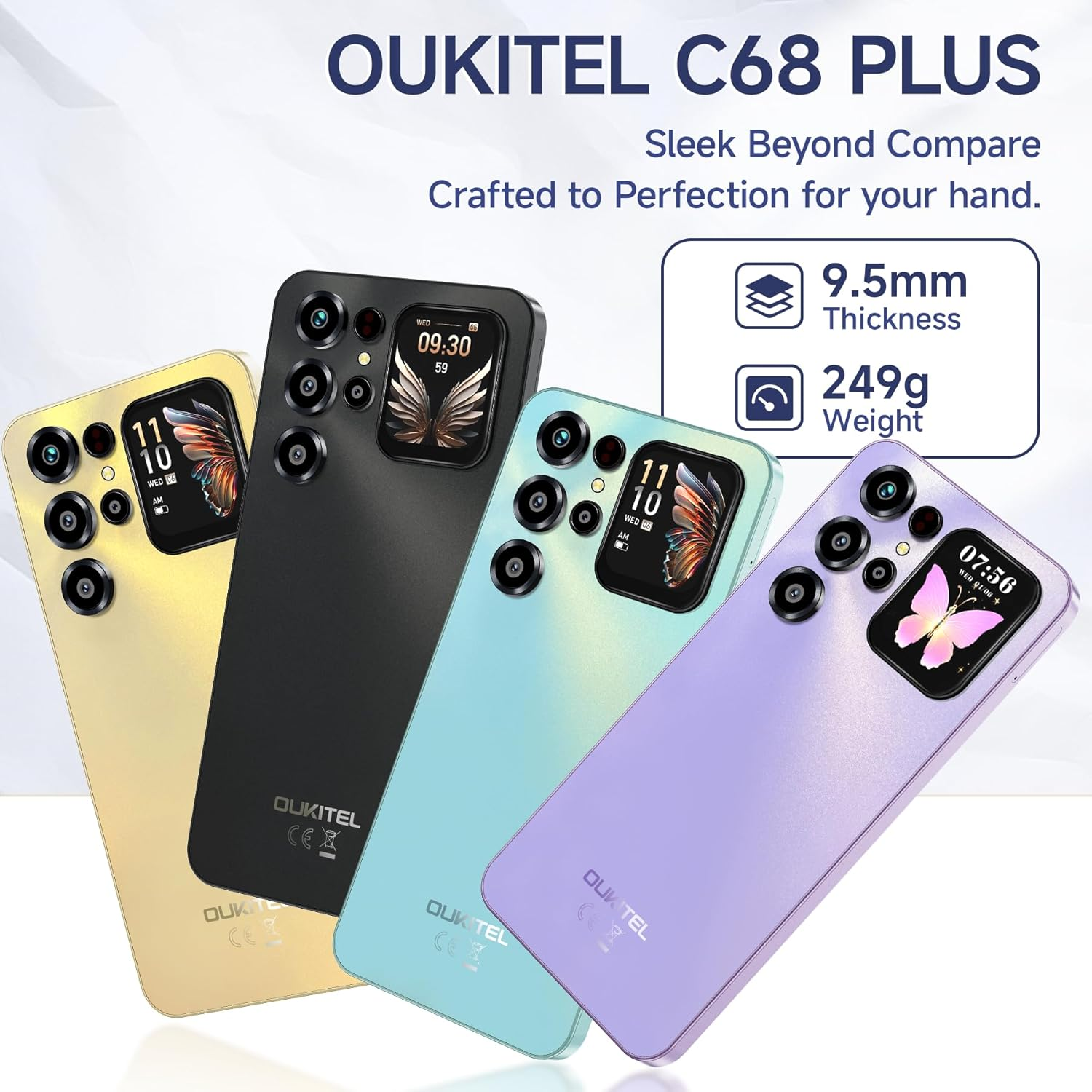 Quattro telefoni OUKITEL C68 PLUS in giallo, nero, verde menta e viola.