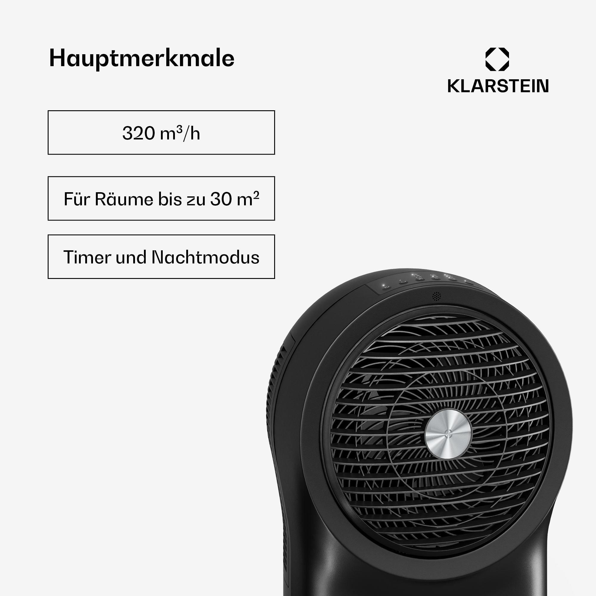 Klarstein Ventilator mit 320 m³/h, für Räume bis 30 m², Timer & Nachtmodus.