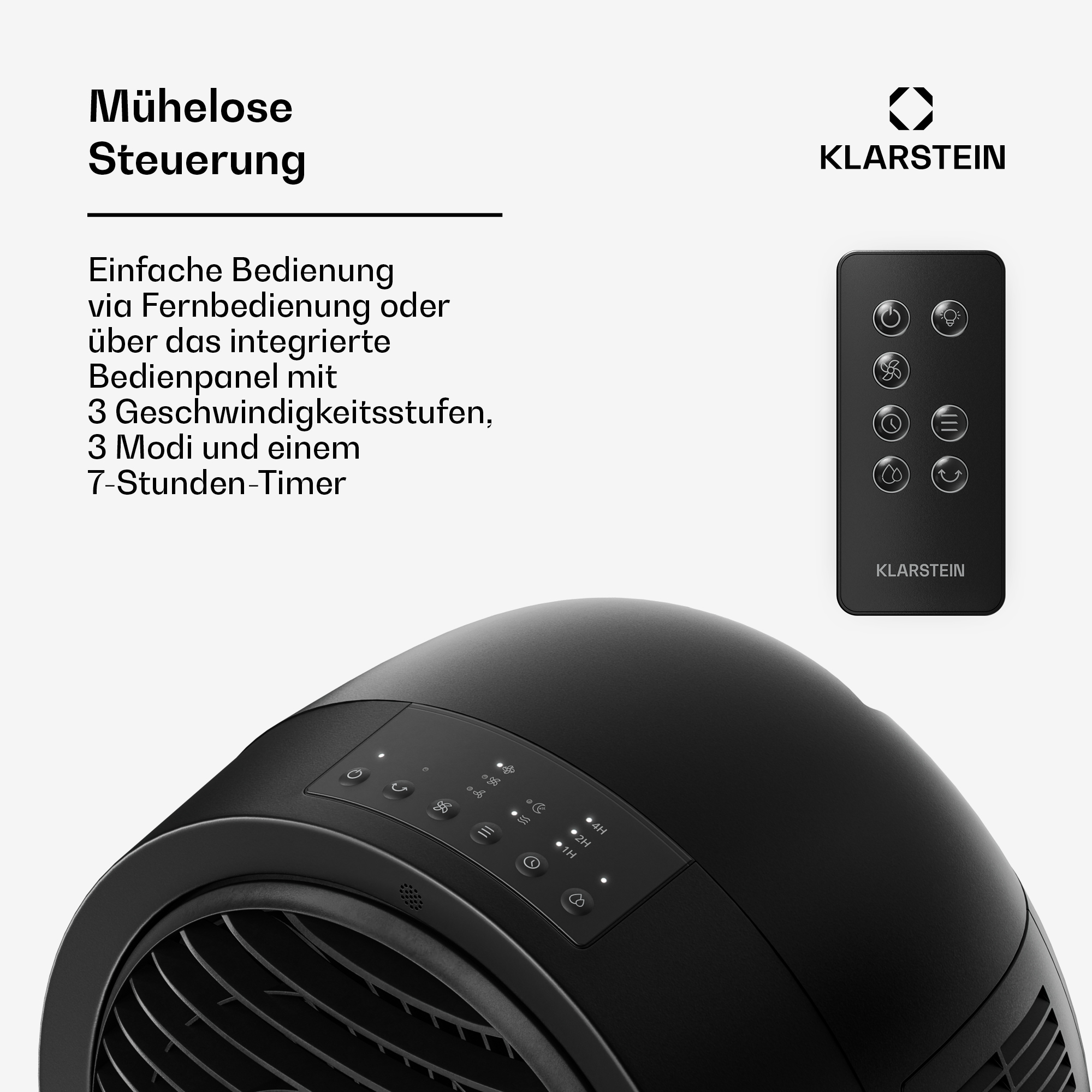 Schwarzer Ventilator mit Fernbedienung und Bedienfeld. Text: Mühelose Steuerung.