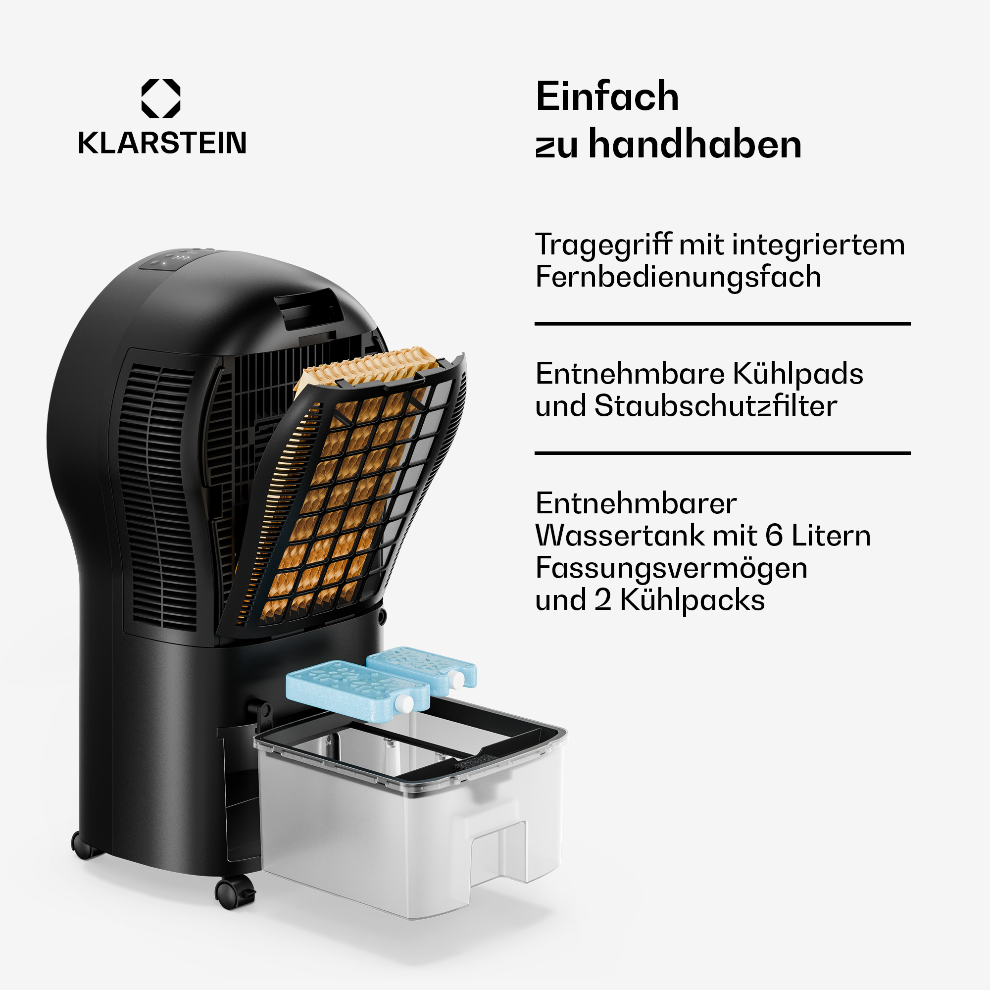 Schwarzer Luftkühler mit herausnehmbarem Tank, Kühlakkus und Wabenfilter.