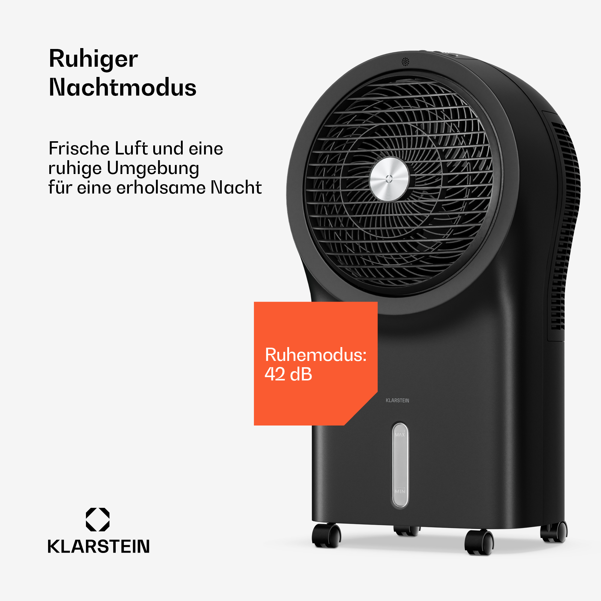 Schwarzer Luftkühler mit Lüfter und Wassertank. Ruhemodus: 42 dB.