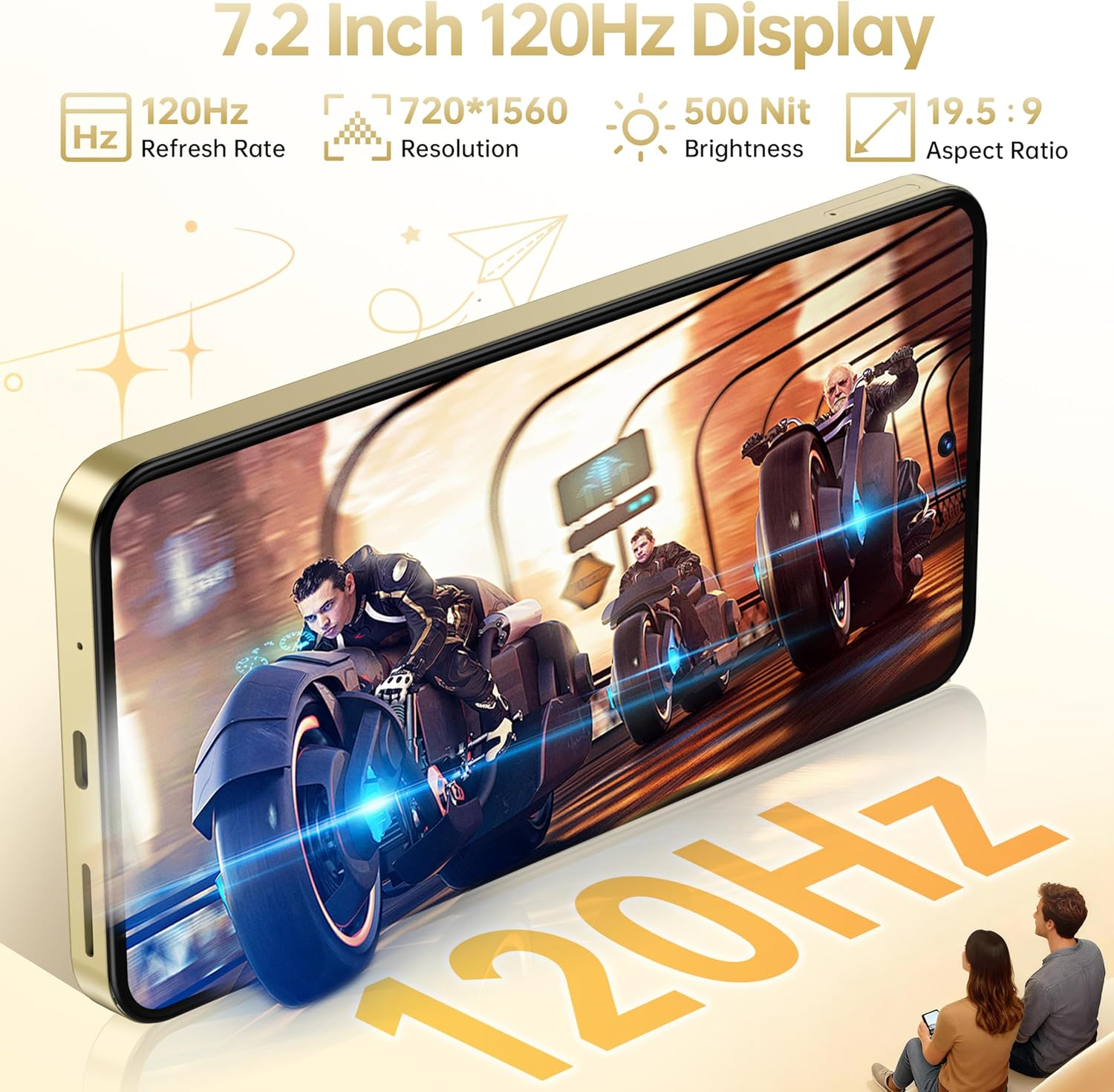 Smartphone dorato mostra piloti di moto, display 120Hz.