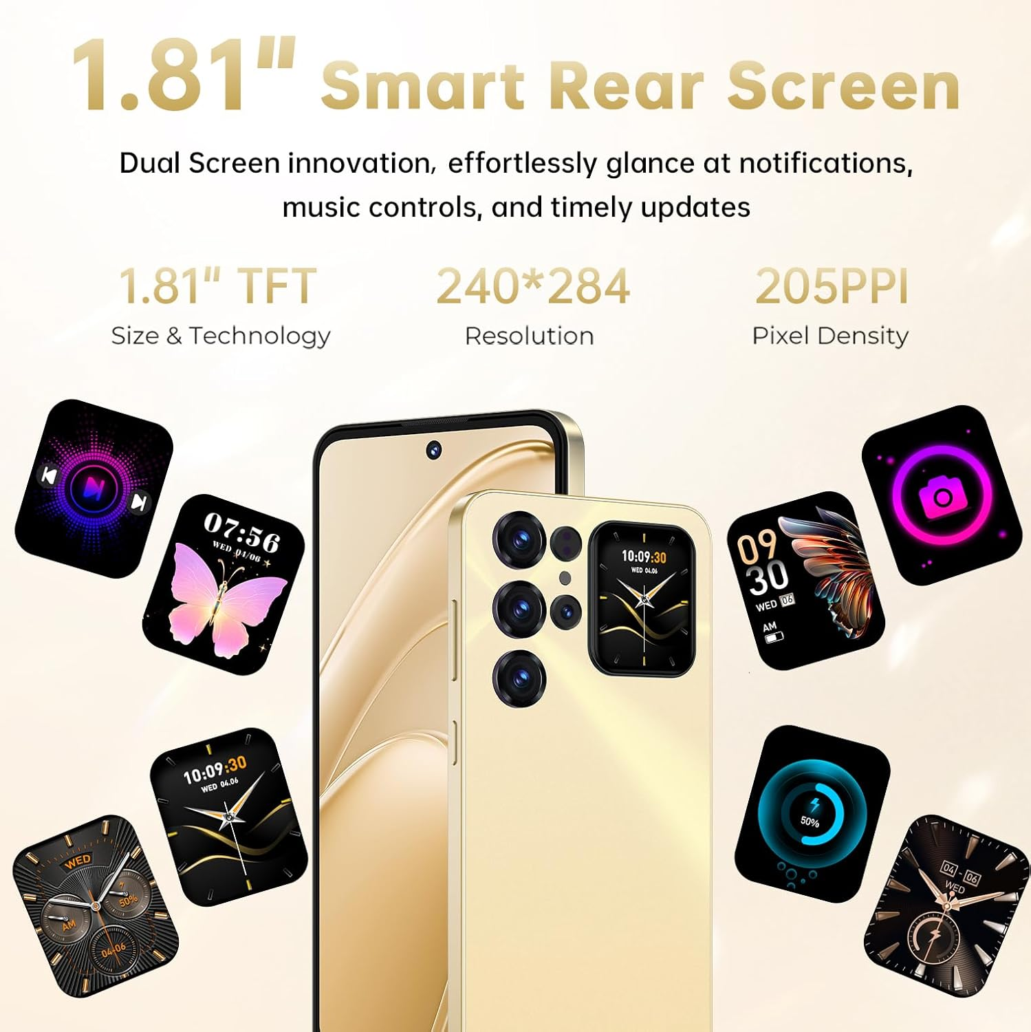 Uno smartphone dorato con quadranti di smartwatch multipli e specifiche tecniche.
