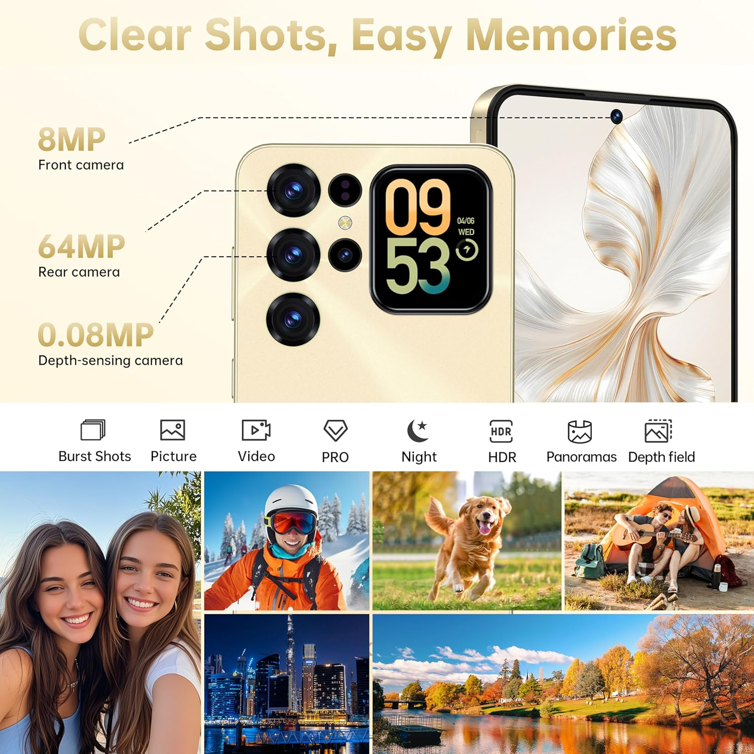 Fotocamere del telefono e foto di esempio: selfie, sci, cane, campeggio, skyline, parco autunnale.