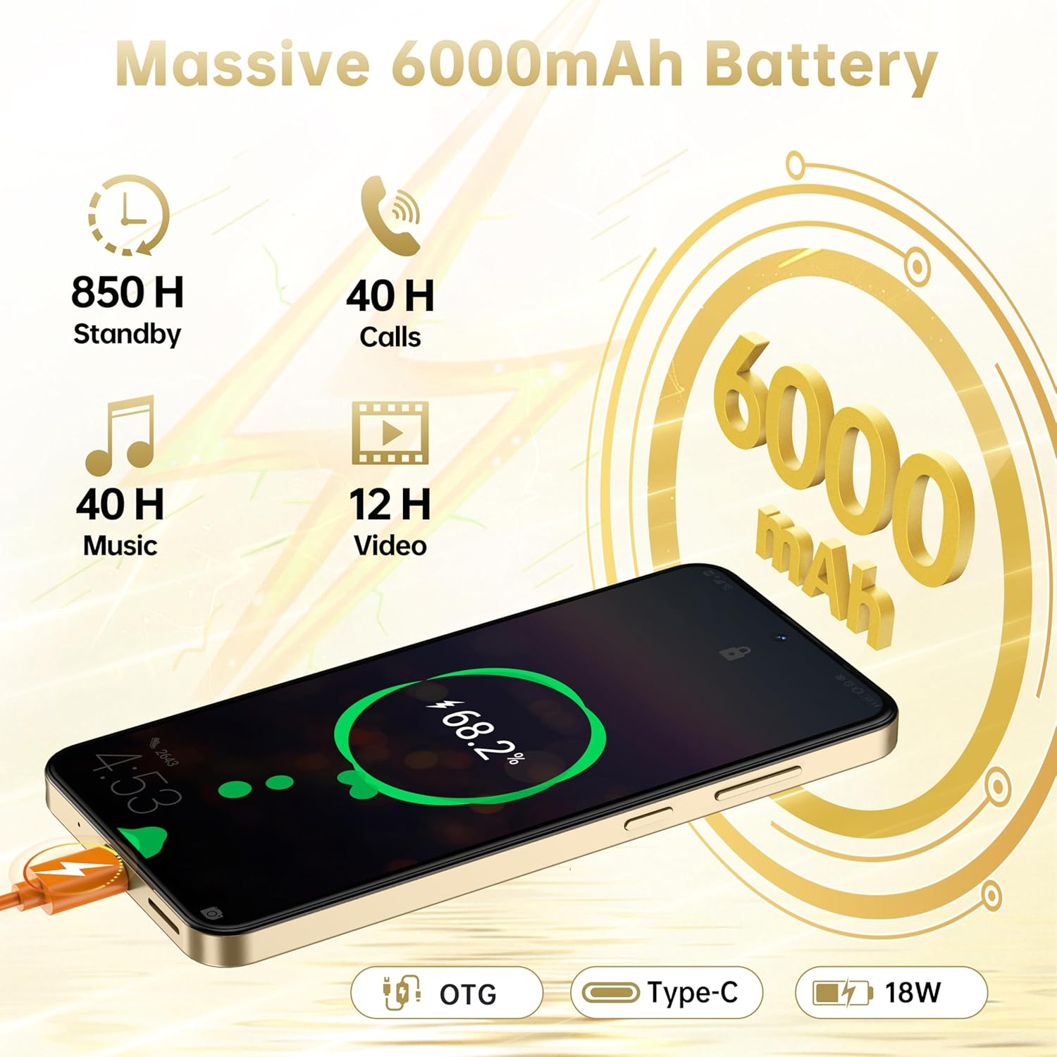 Smartphone dorato con batteria da 6000mAh, carico al 68,2%. Supporta OTG, Type-C, 18W.