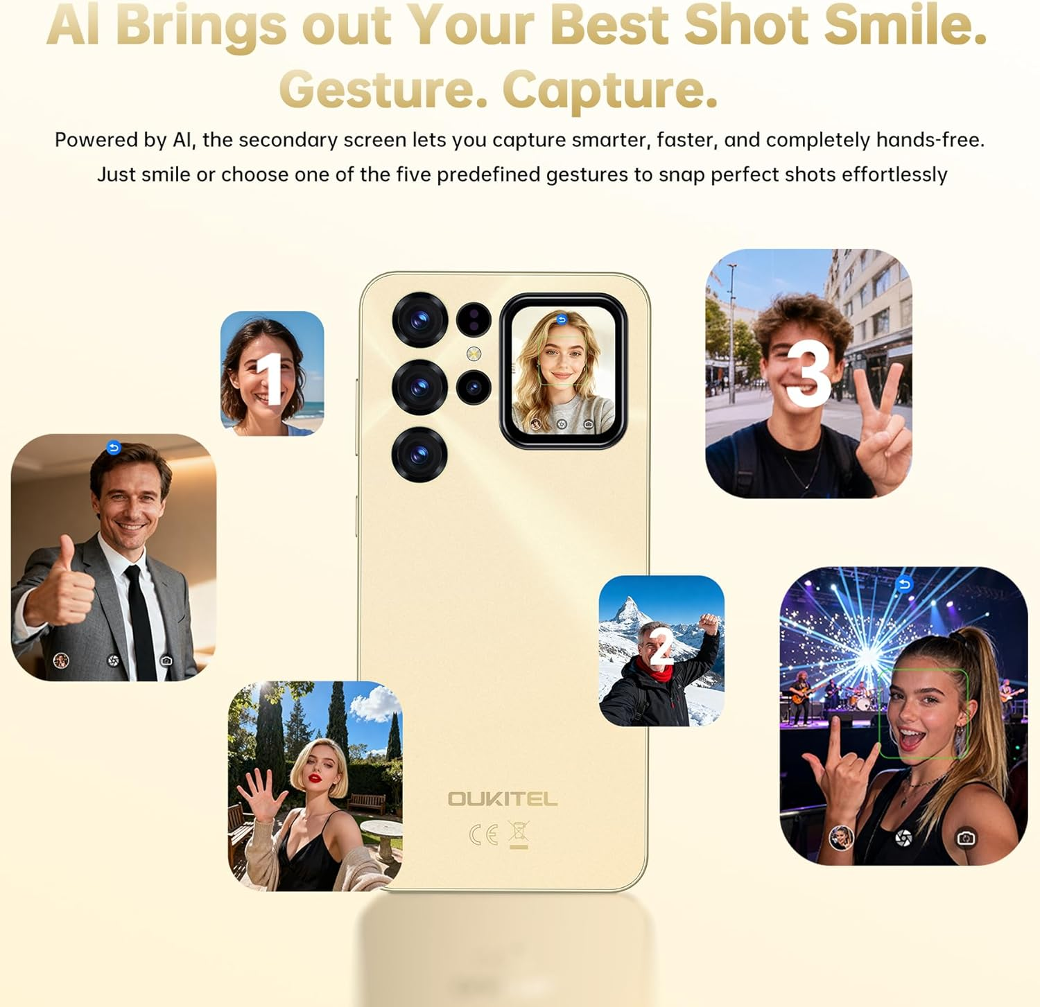 Smartphone dorato mostra cinque persone sorridenti o che fanno gesti.