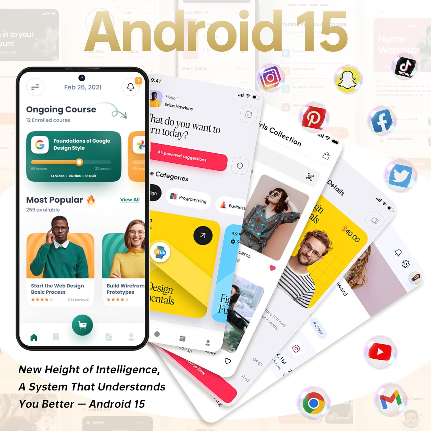 Design app Android 15 con icone social media. Uno smartphone mostra un'app di apprendimento.