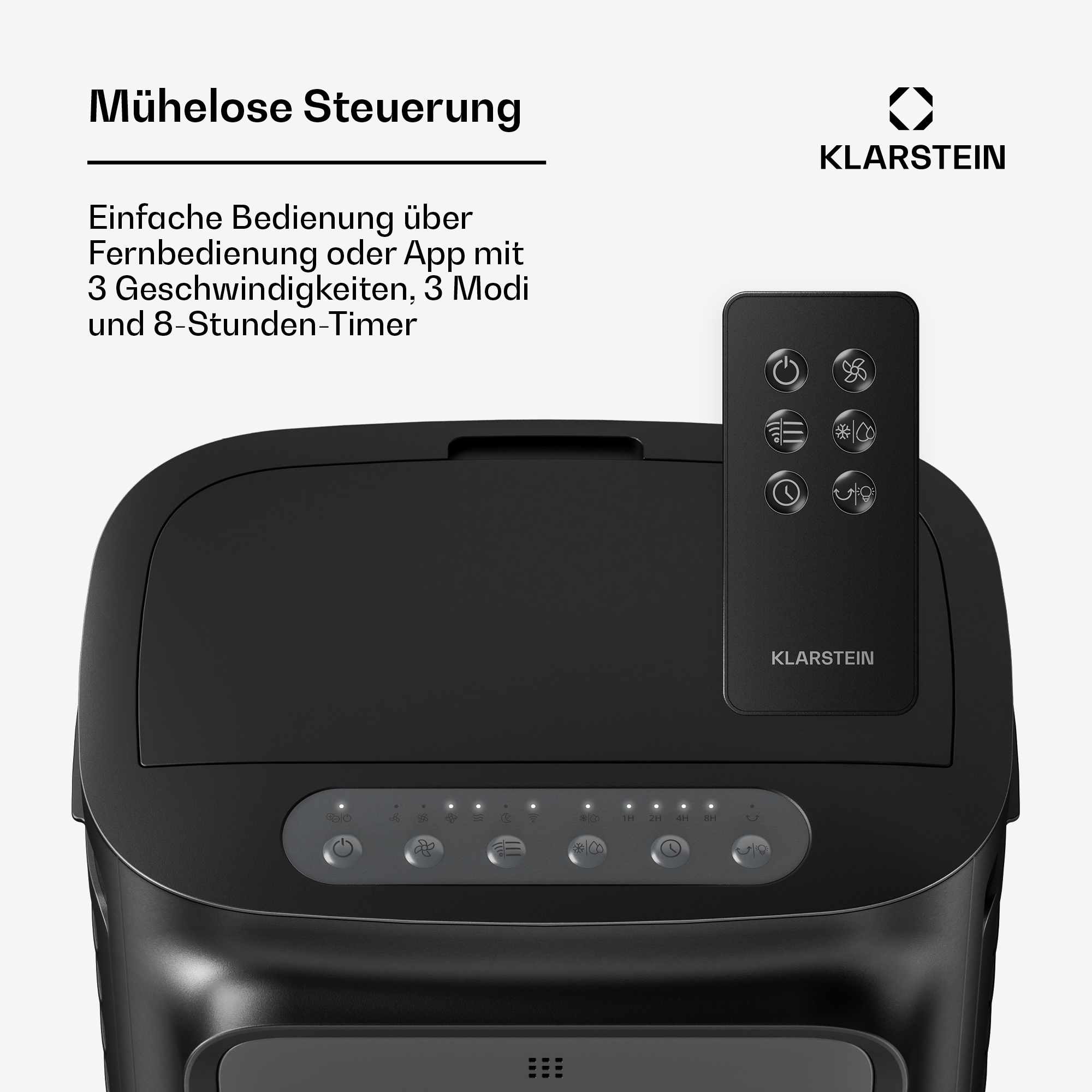 Schwarzer Klarstein-Luftkühler mit Fernbedienung und Tastenbedienfeld.