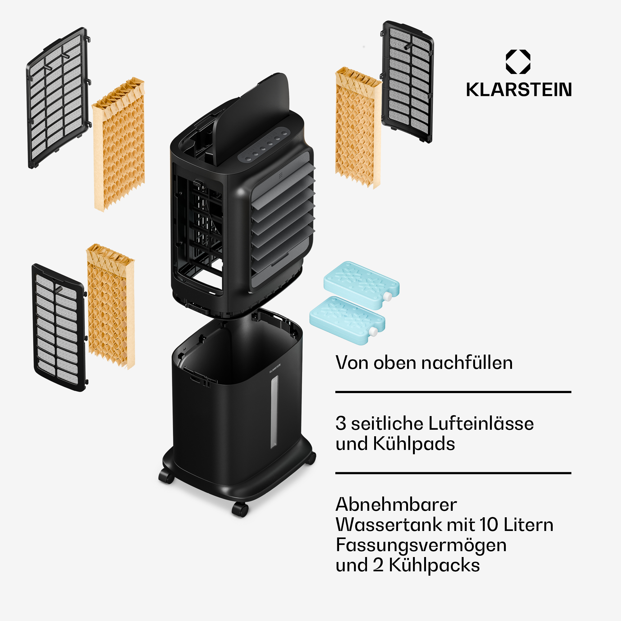 Zerlegter schwarzer Luftkühler mit Filtern, Eispacks und Klarstein-Logo.