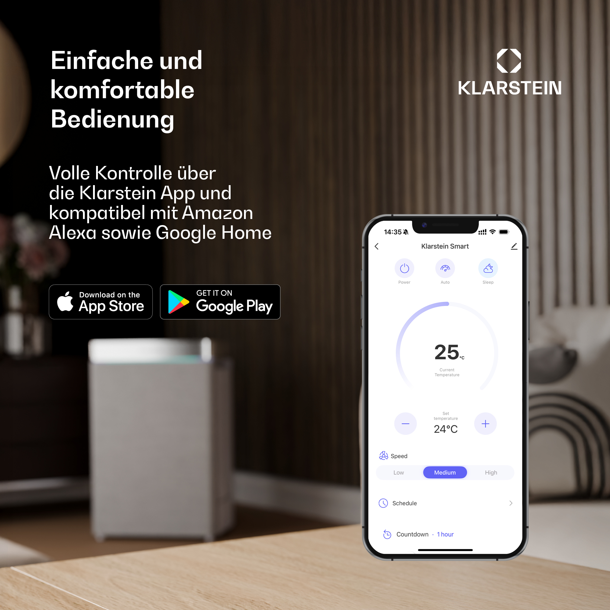 Klarstein App zeigt 25°C an, mit Optionen für Geschwindigkeit und Zeitsteuerung.
