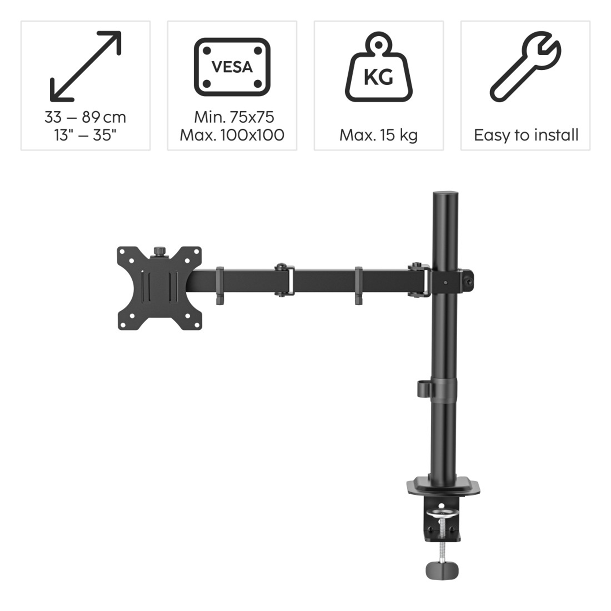 Ein schwarzer Monitorarm mit VESA-Halterung, für Bildschirme von 33-89 cm, max. 15 kg.