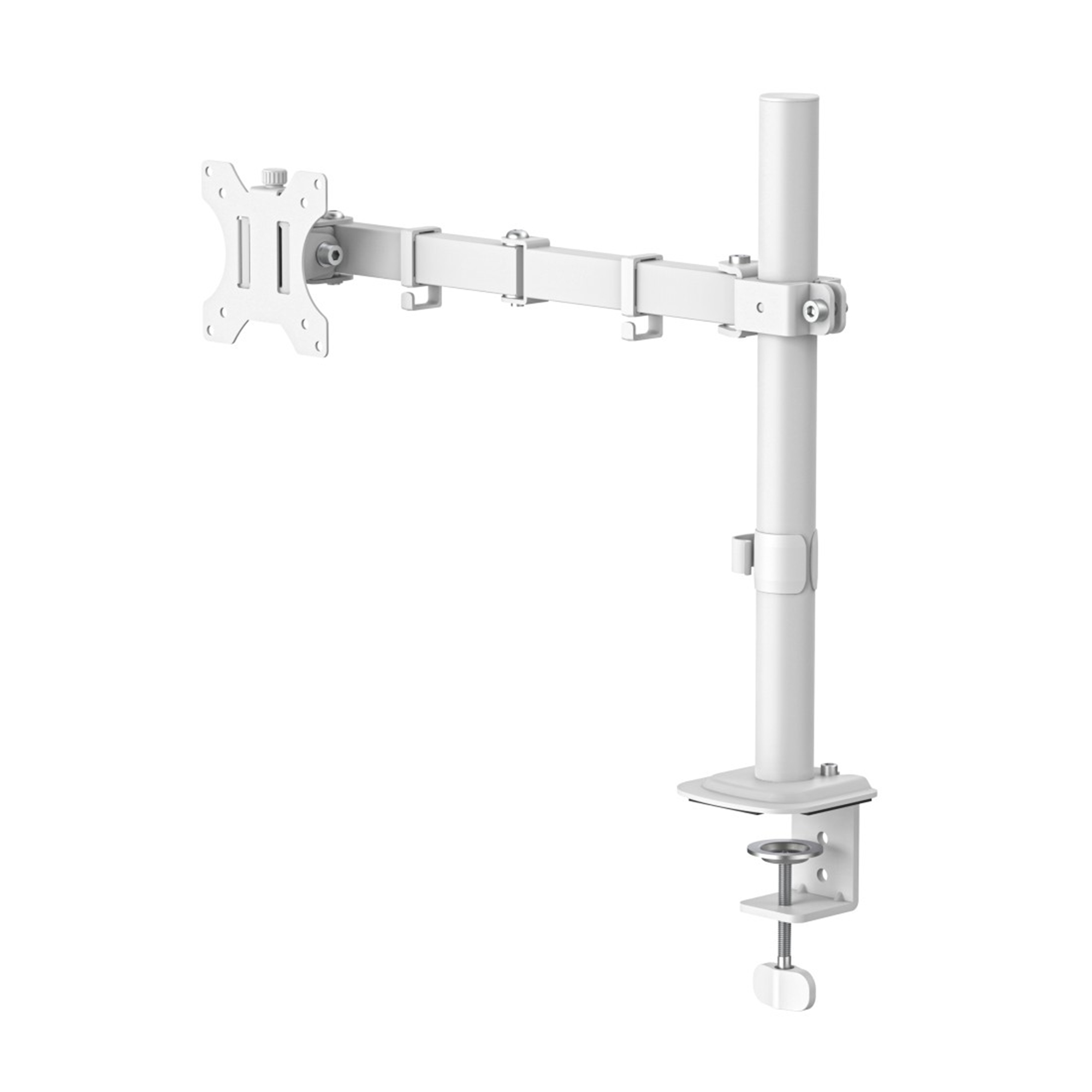 Ein weißer Monitorarm mit Klemmfuß und verstellbarem Arm.