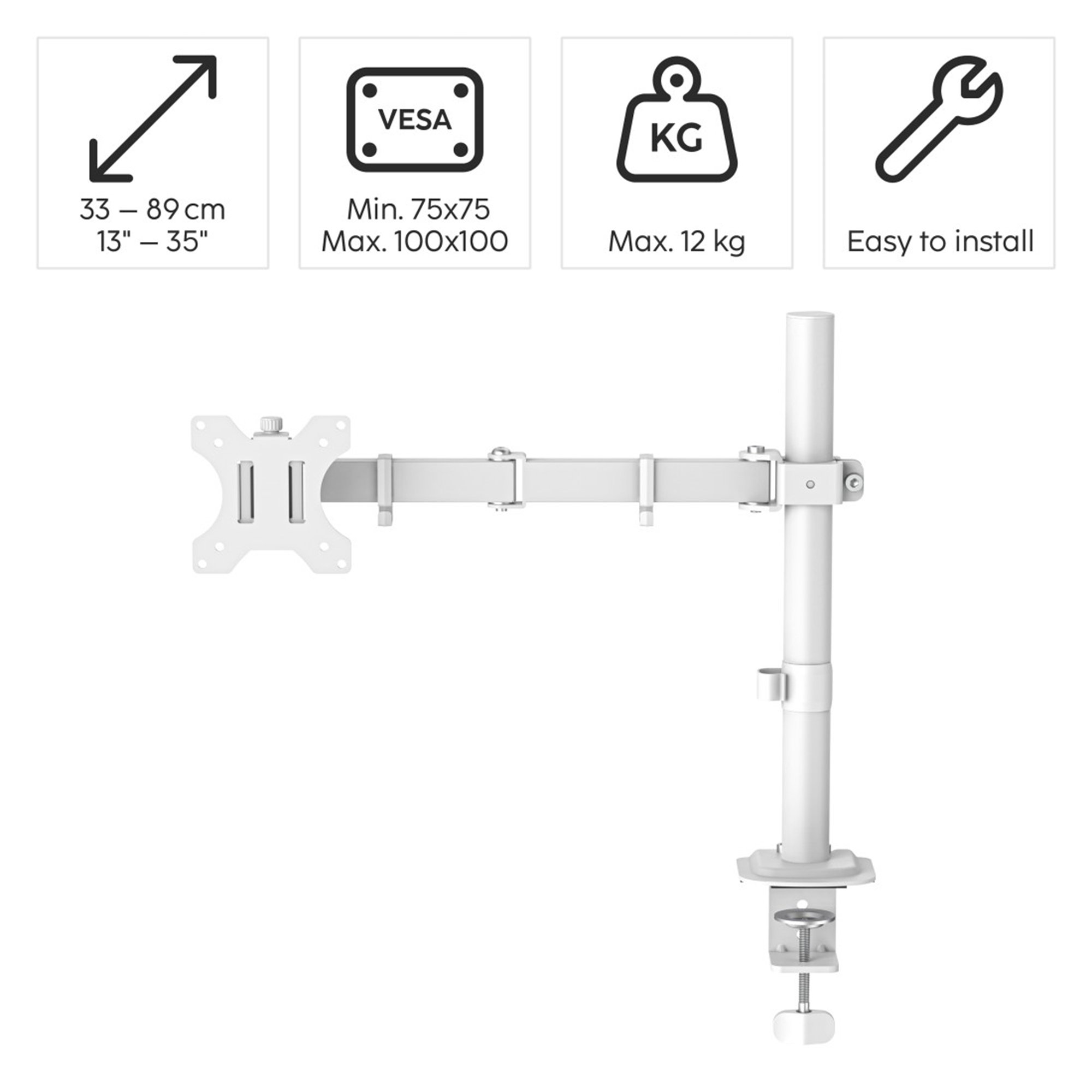 Ein weißer Monitorarm mit VESA-Halterung, Klemmfuß, für 33-89 cm Bildschirme, max. 12 kg.