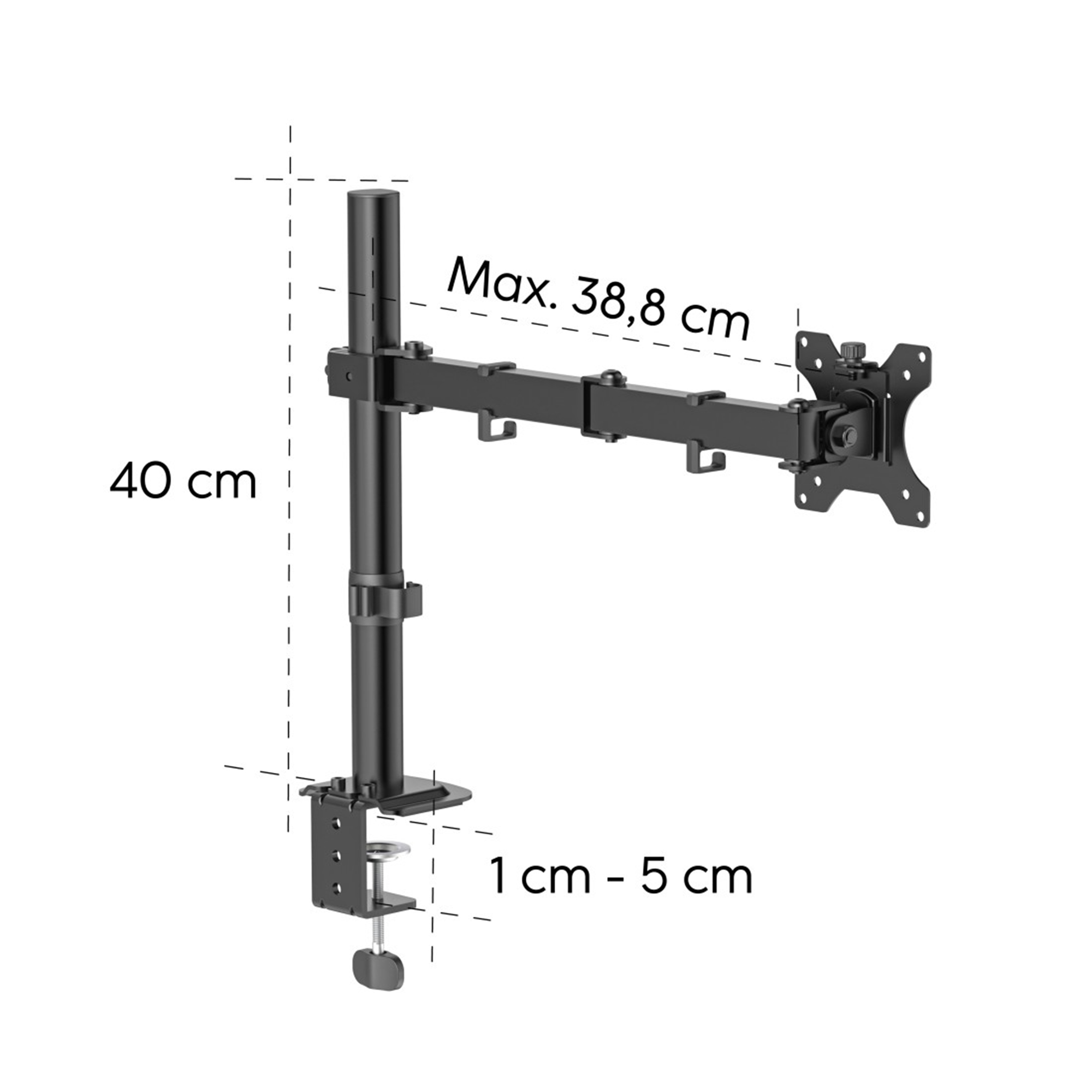 Schwarz Monitorarm mit Klemme, 40cm hoch, 38,8cm breit, Klemmbereich 1-5cm.