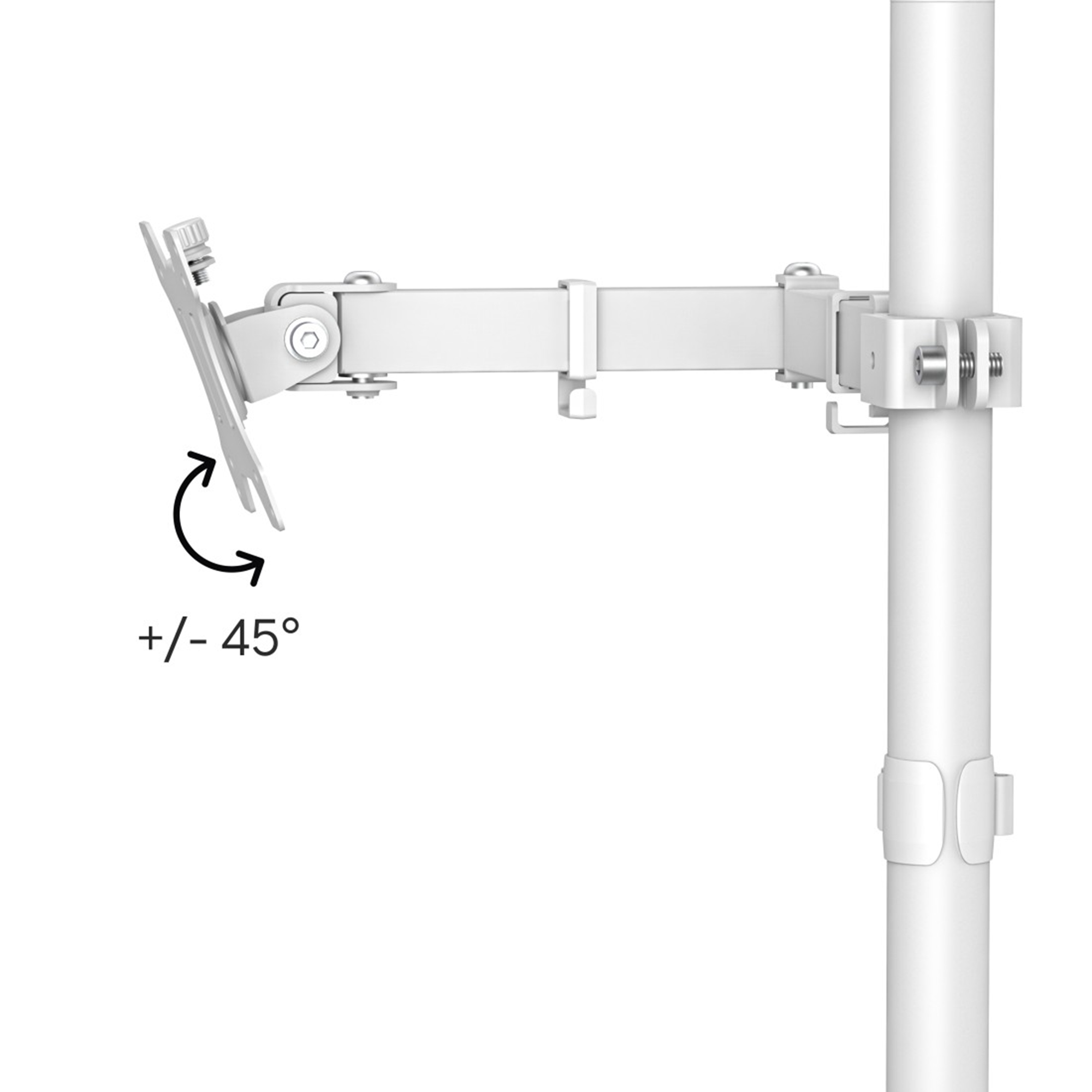 Ein weißer Monitorarm, der an einer Stange befestigt ist und eine Neigungsanzeige von +/- 45 Grad zeigt.