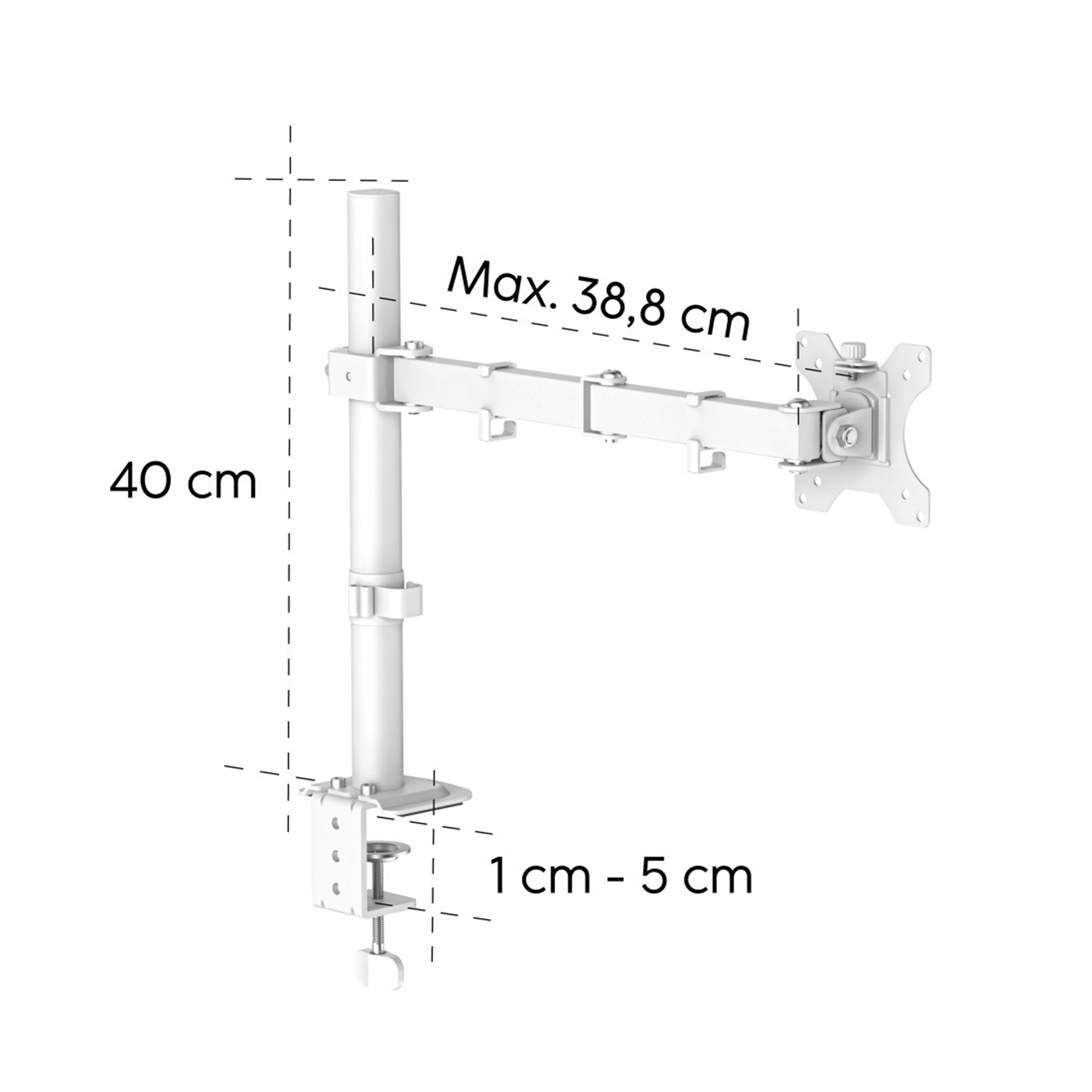 Ein weißer Monitorarm mit Klemme, Maße 40 cm und 38,8 cm.