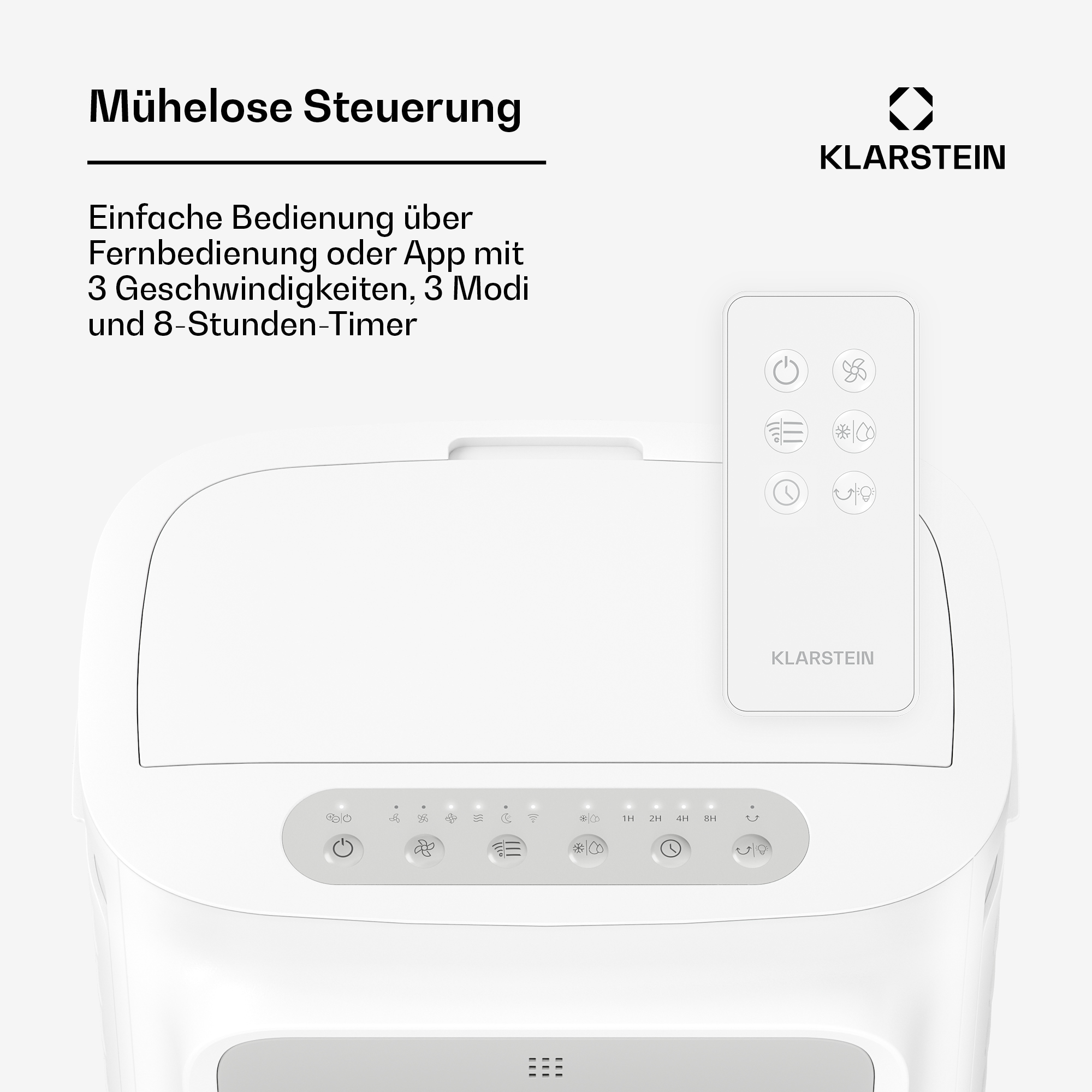 Ein weißes Gerät mit Fernbedienung und Bedienelementen. Text: Mühelose Steuerung.