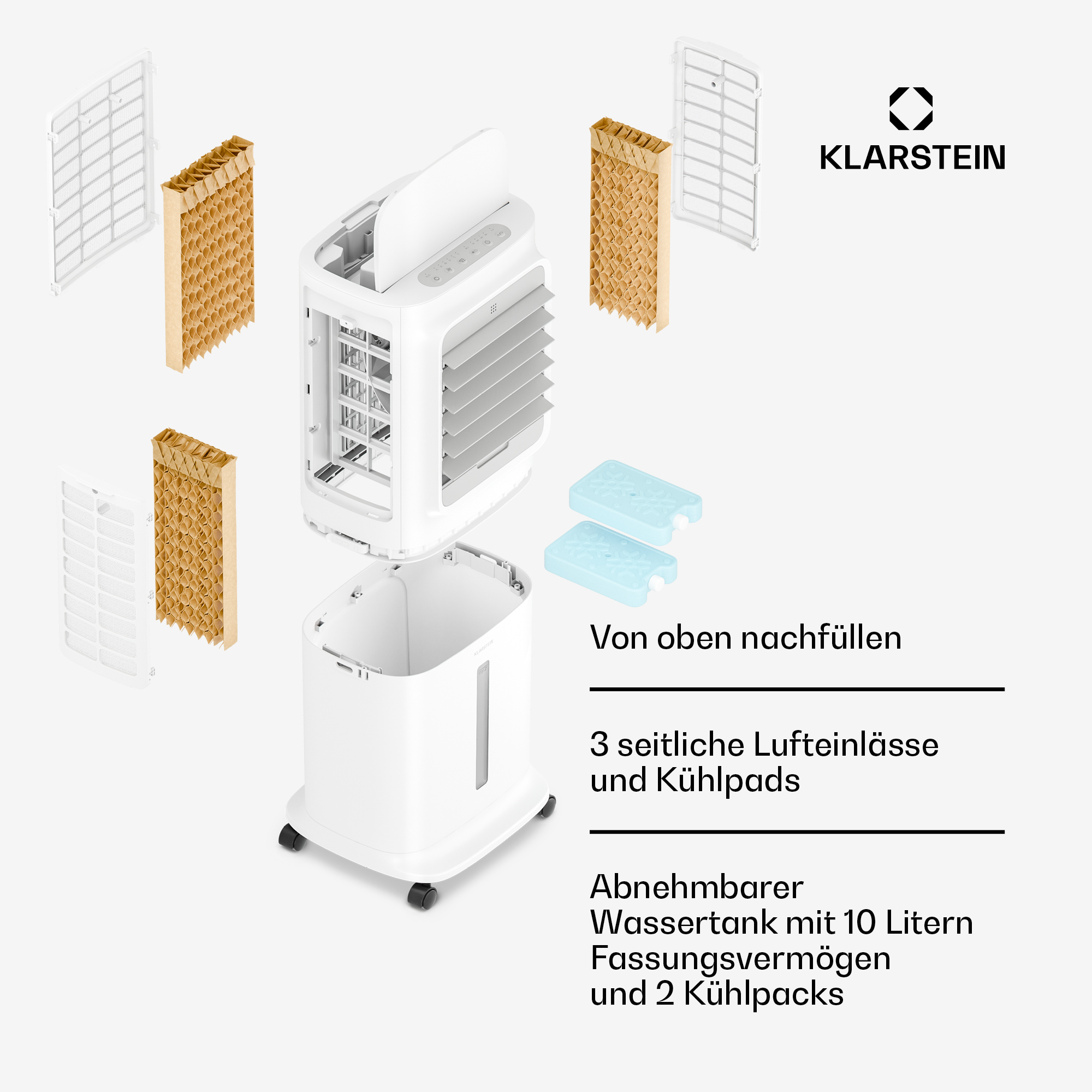 Ein weißer Luftkühler mit abnehmbaren Teilen, Filtern und Kühlpacks.
