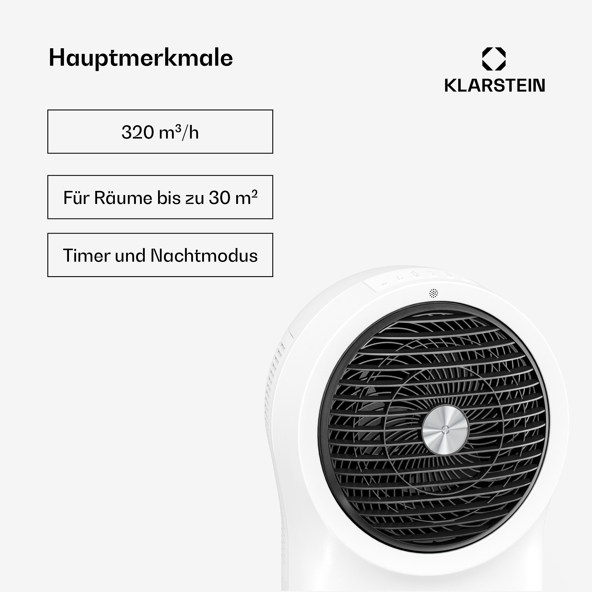 Ein weißer Klarstein Ventilator mit schwarzen Lüftungsgittern und Merkmalen.
