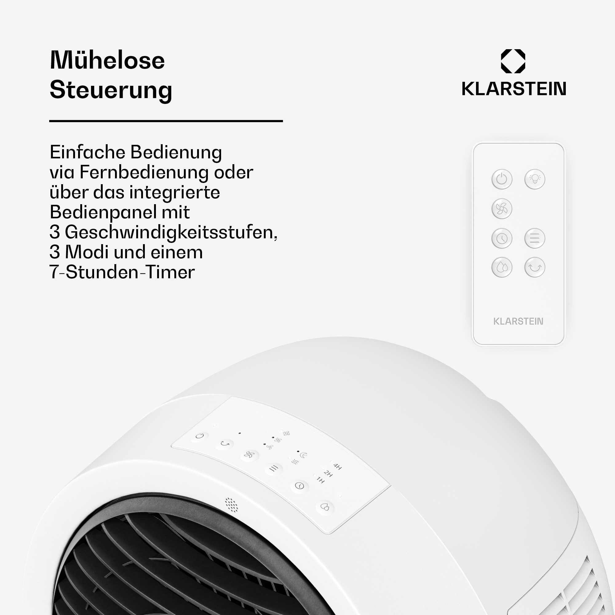 Ein weißer Klarstein-Ventilator mit Fernbedienung und Bedienfeld.