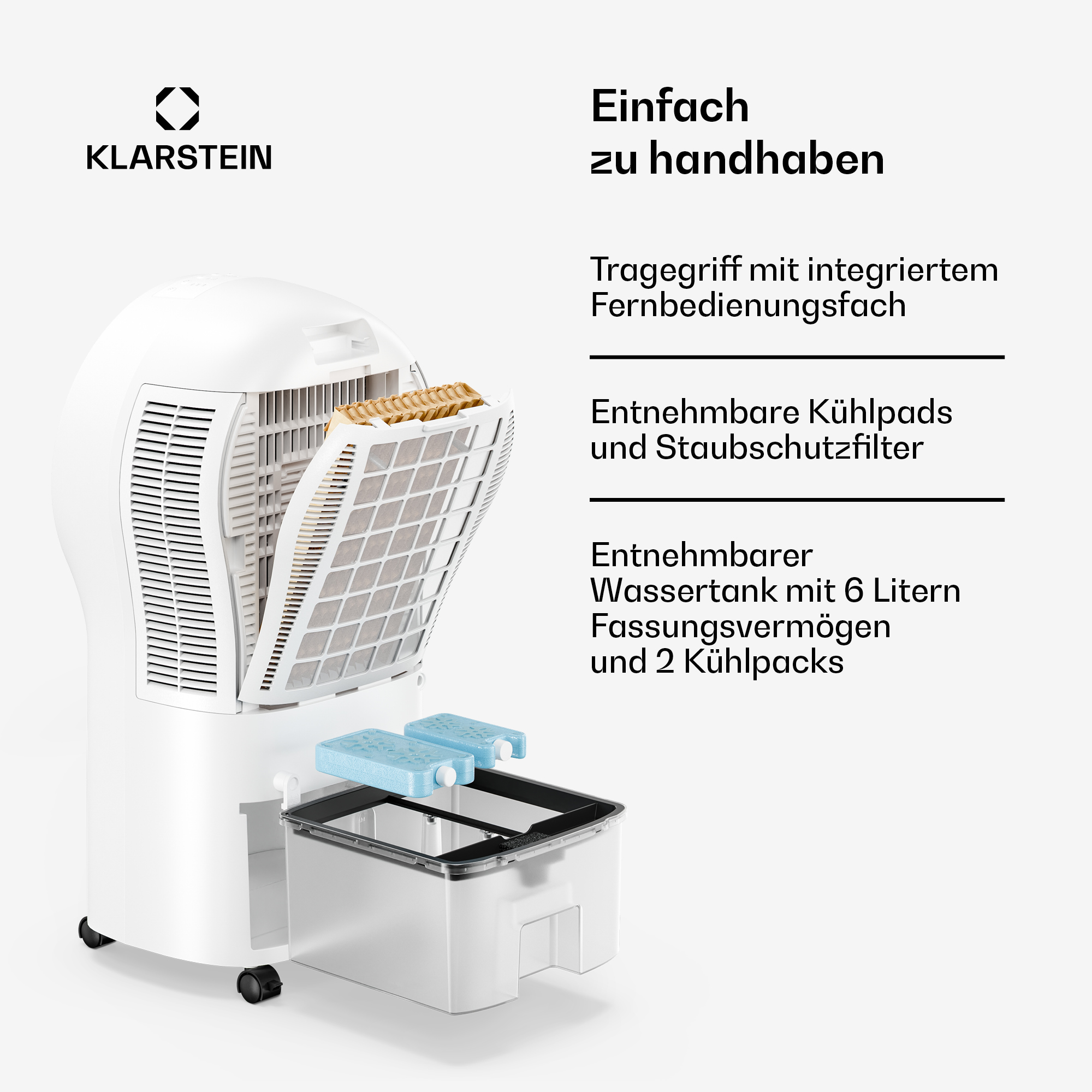 Ein weißer Klarstein Luftkühler mit offenem Fach, Kühlpacks und Wassertank.