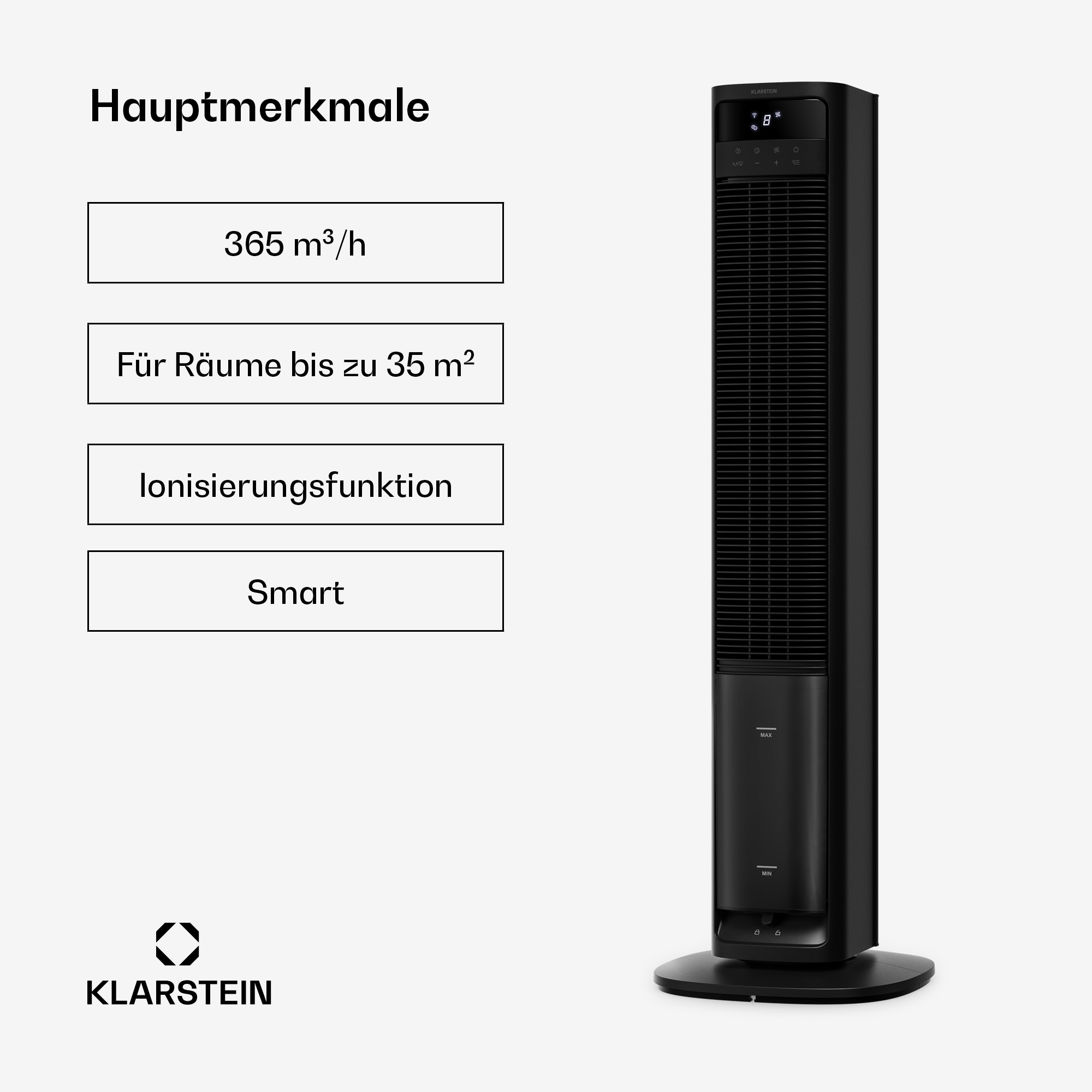Schwarzer Turmventilator mit digitalen Anzeigen und Hauptmerkmalen.