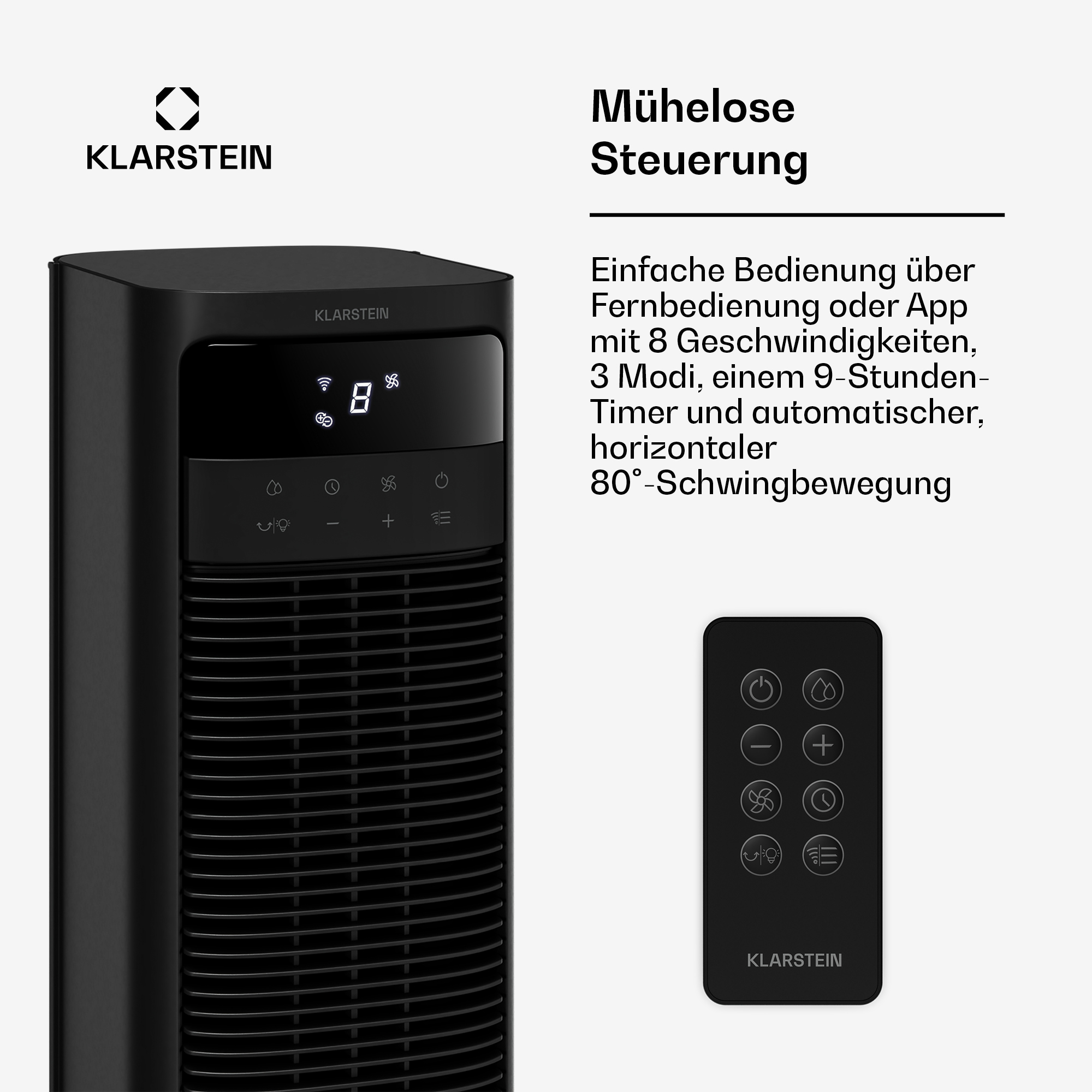 Schwarzer Turmventilator mit Fernbedienung, digitaler Anzeige und Herstellerlogo.