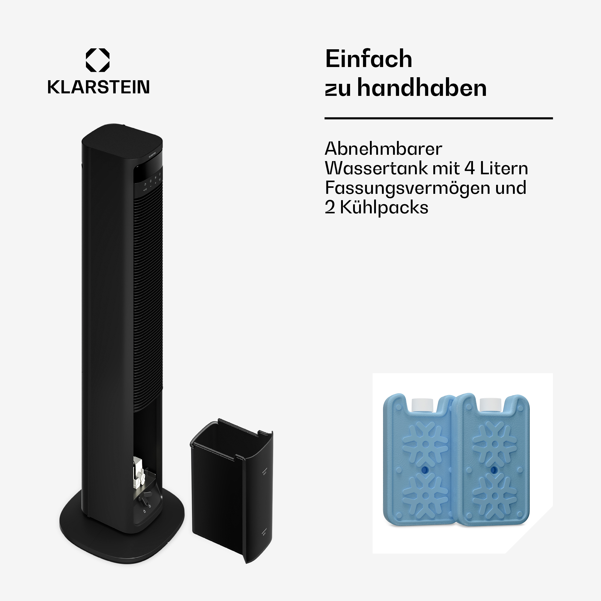 Schwarzer Turmlüfter mit abnehmbarem Wassertank und zwei blauen Kühlakkus.
